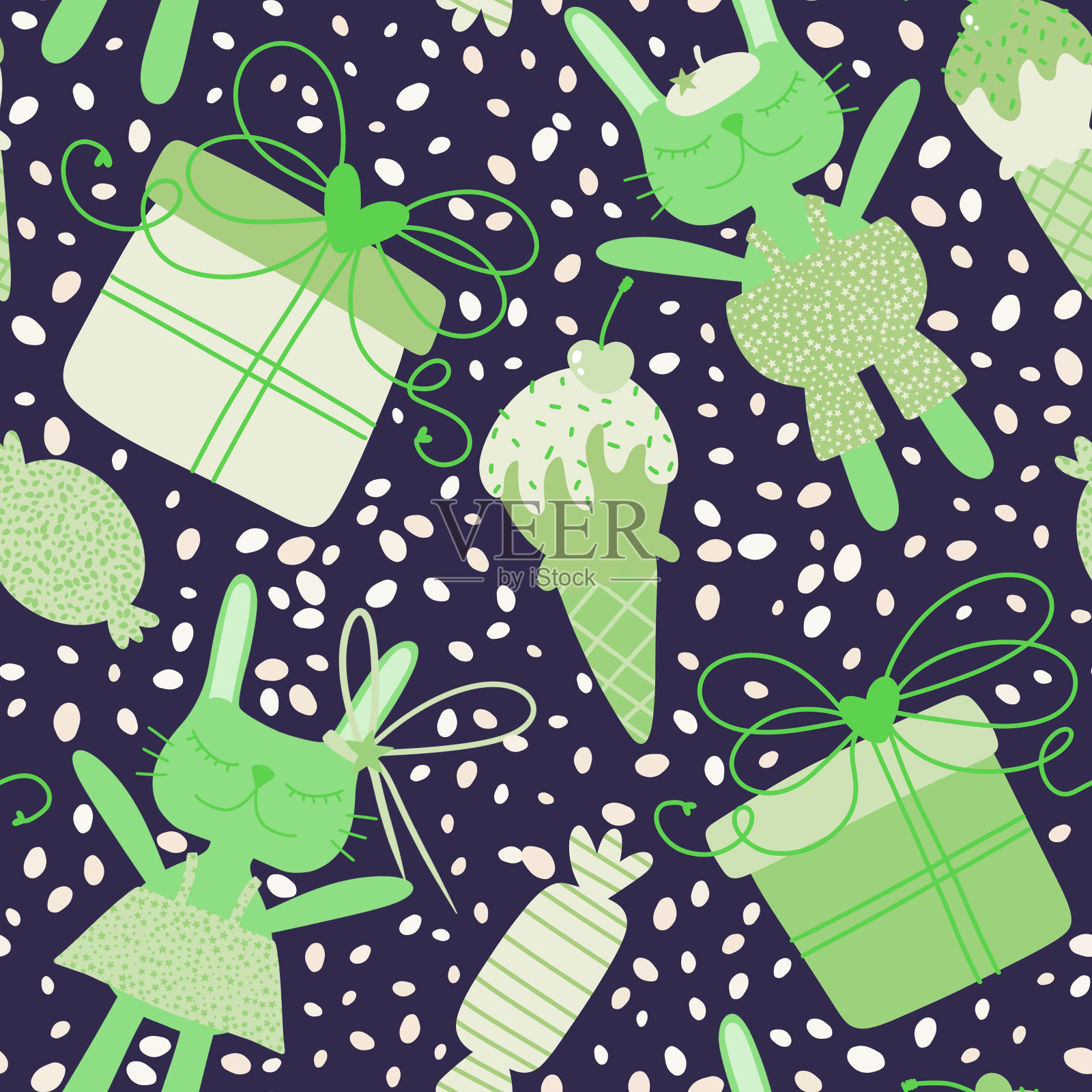 卡通复活节兔子无缝图案的包装纸和织物和服装印刷插画图片素材