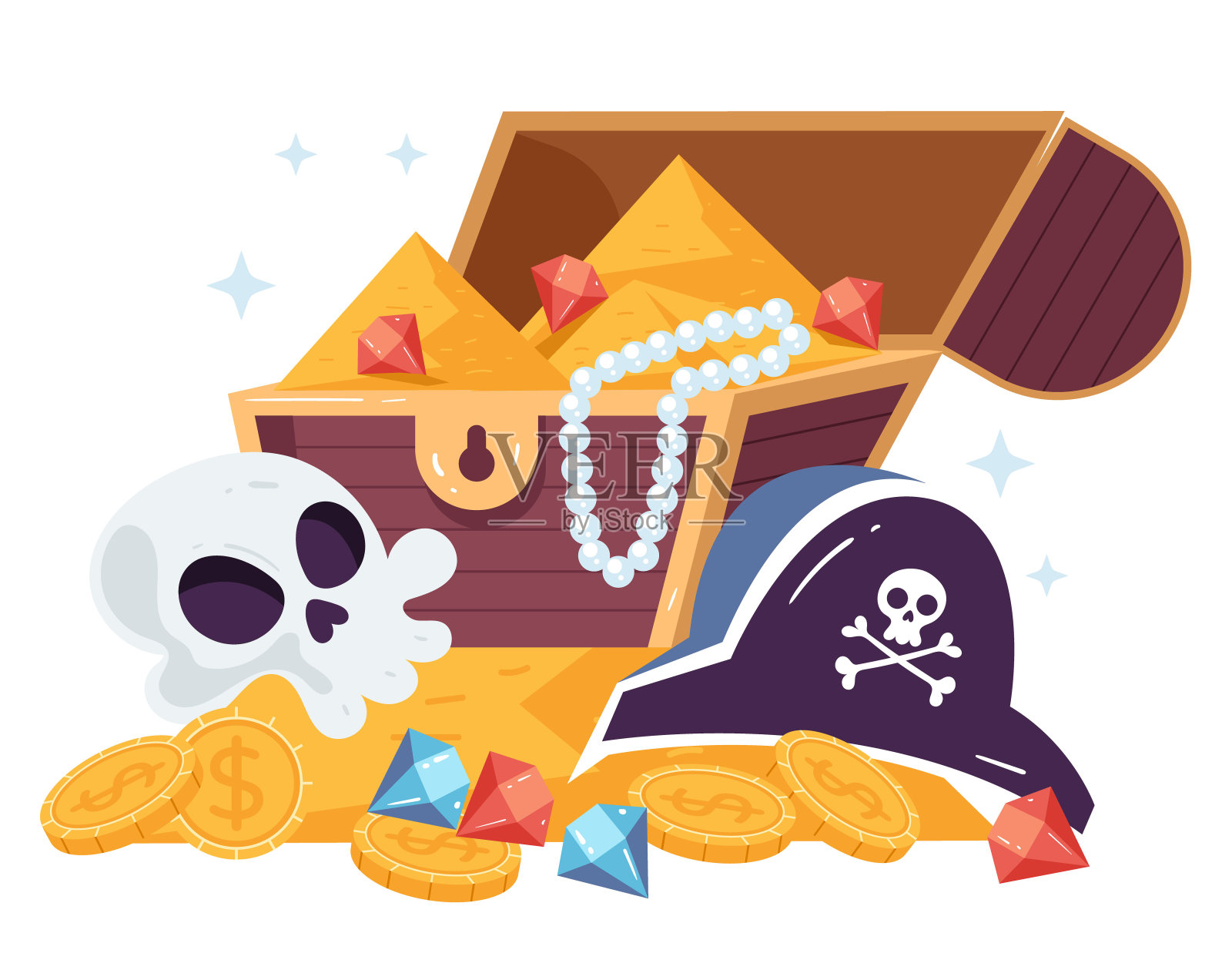 海盗宝箱宝藏概念。矢量平面卡通图形设计插图插画图片素材