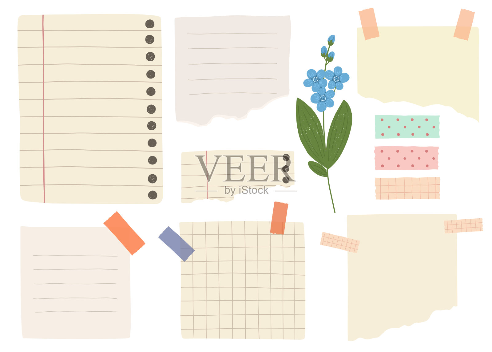 收集笔记纸,任务和待办事项列表,贴纸模板,计划页与丝带。注意媒介分离。插画图片素材