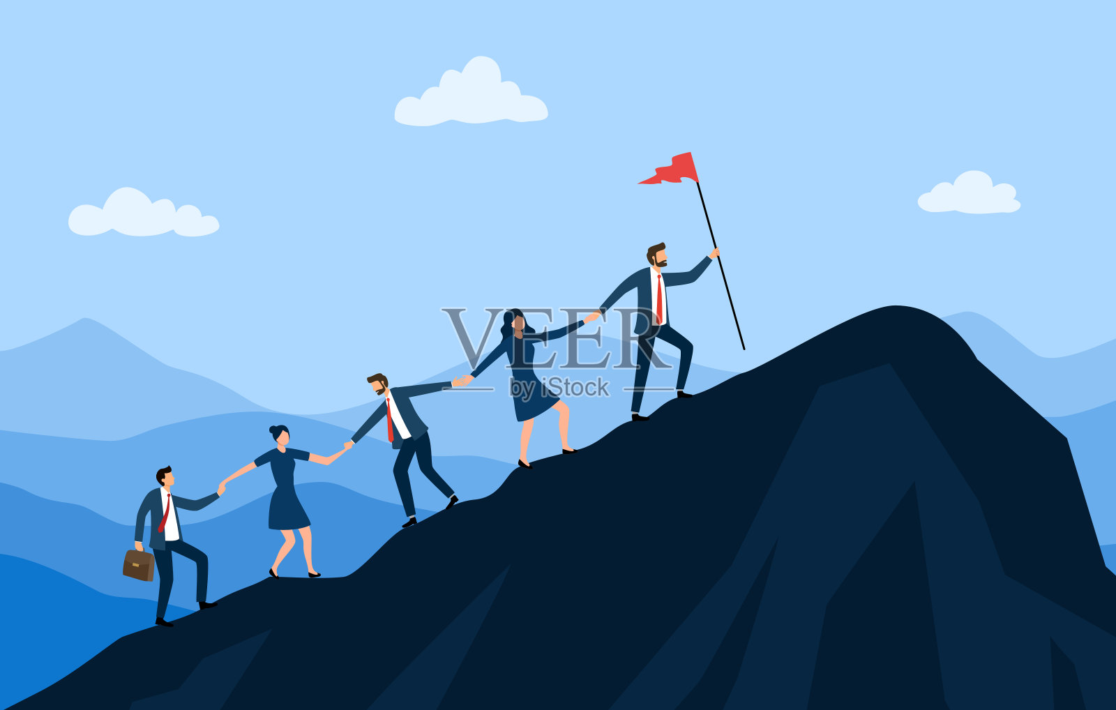 一群商人在爬山。商业成功的隐喻,事业,团队合作,进步,领导,合作。插画图片素材