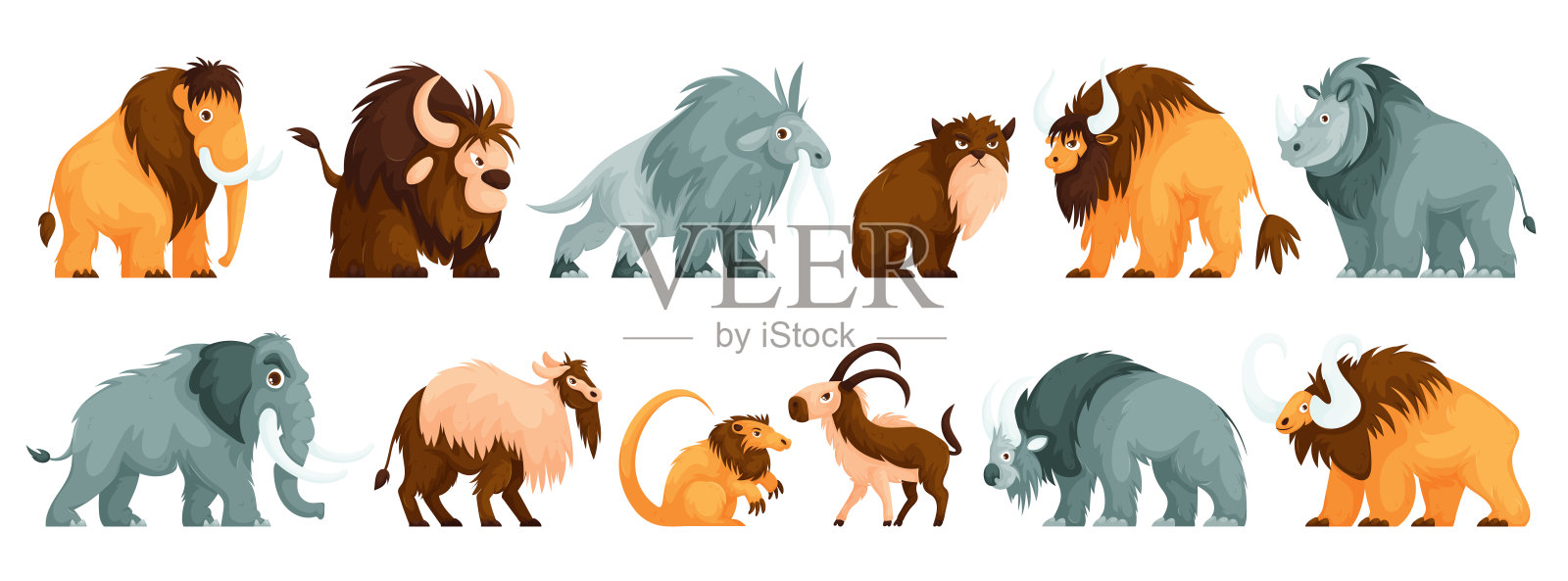 一组孤立的原始动物,石器时代的远古动物。大象,猛犸象,水牛,公牛,野牛,剑齿,野猫,公绵羊和山羊在公元前时期的形式。矢量动画插画图片素材