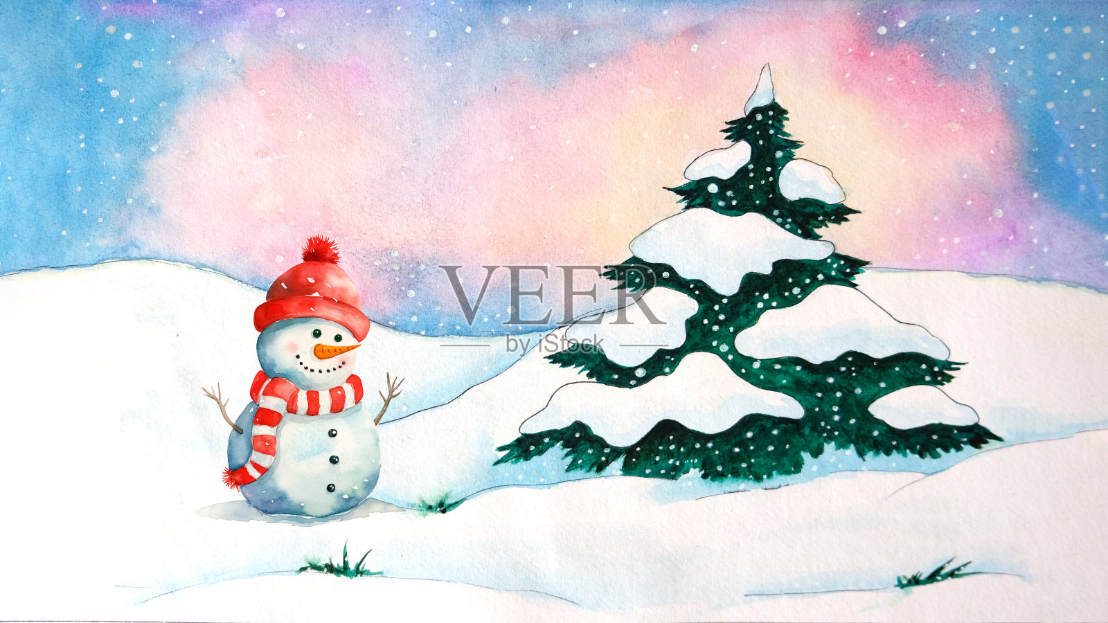 可爱的雪人和树插画图片素材