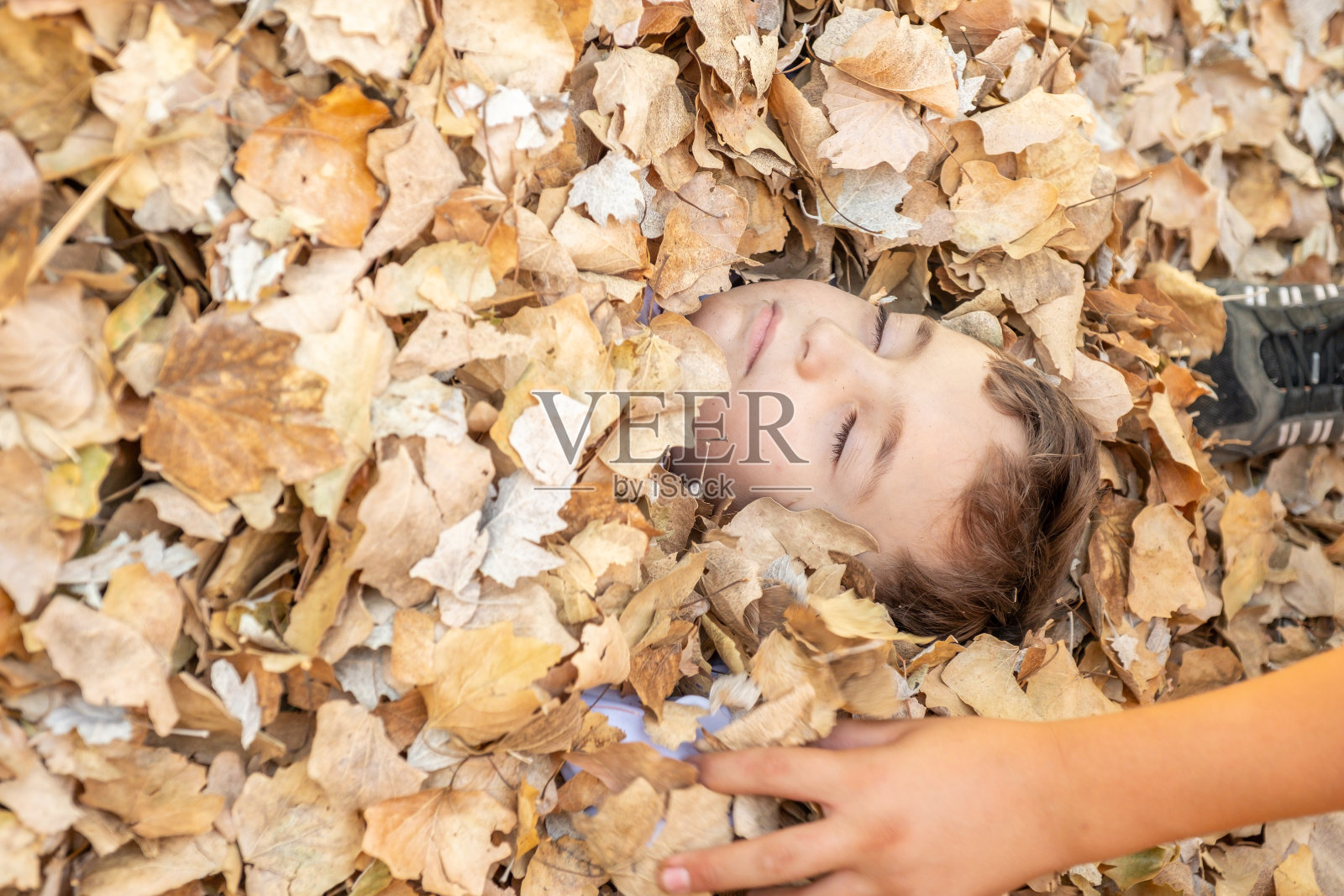 快乐的阿拉伯男孩在公园里玩弄干树叶照片摄影图片