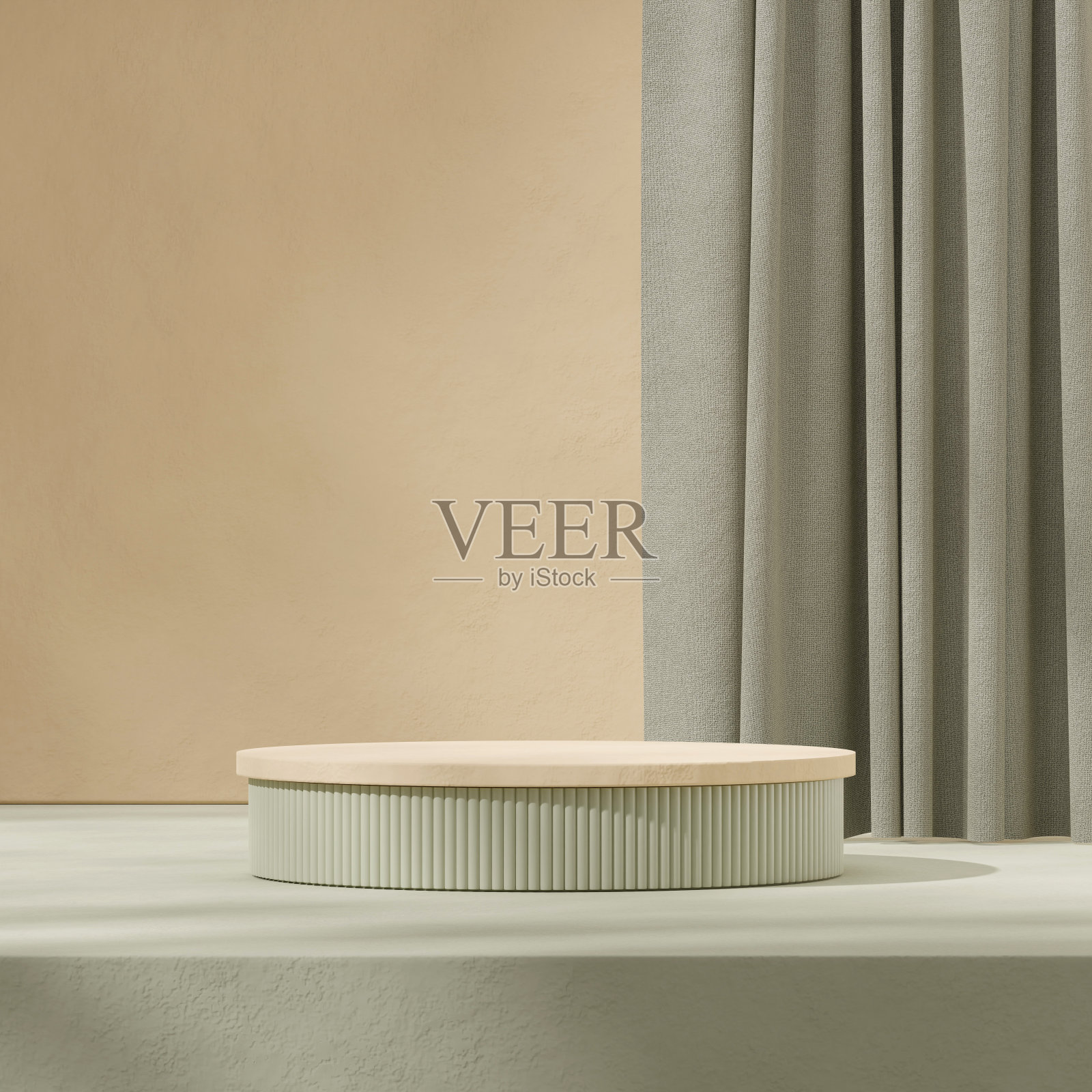 在方形纹理的墙壁和窗帘,3d渲染图像模型模板棕色和绿色圆柱基座照片摄影图片