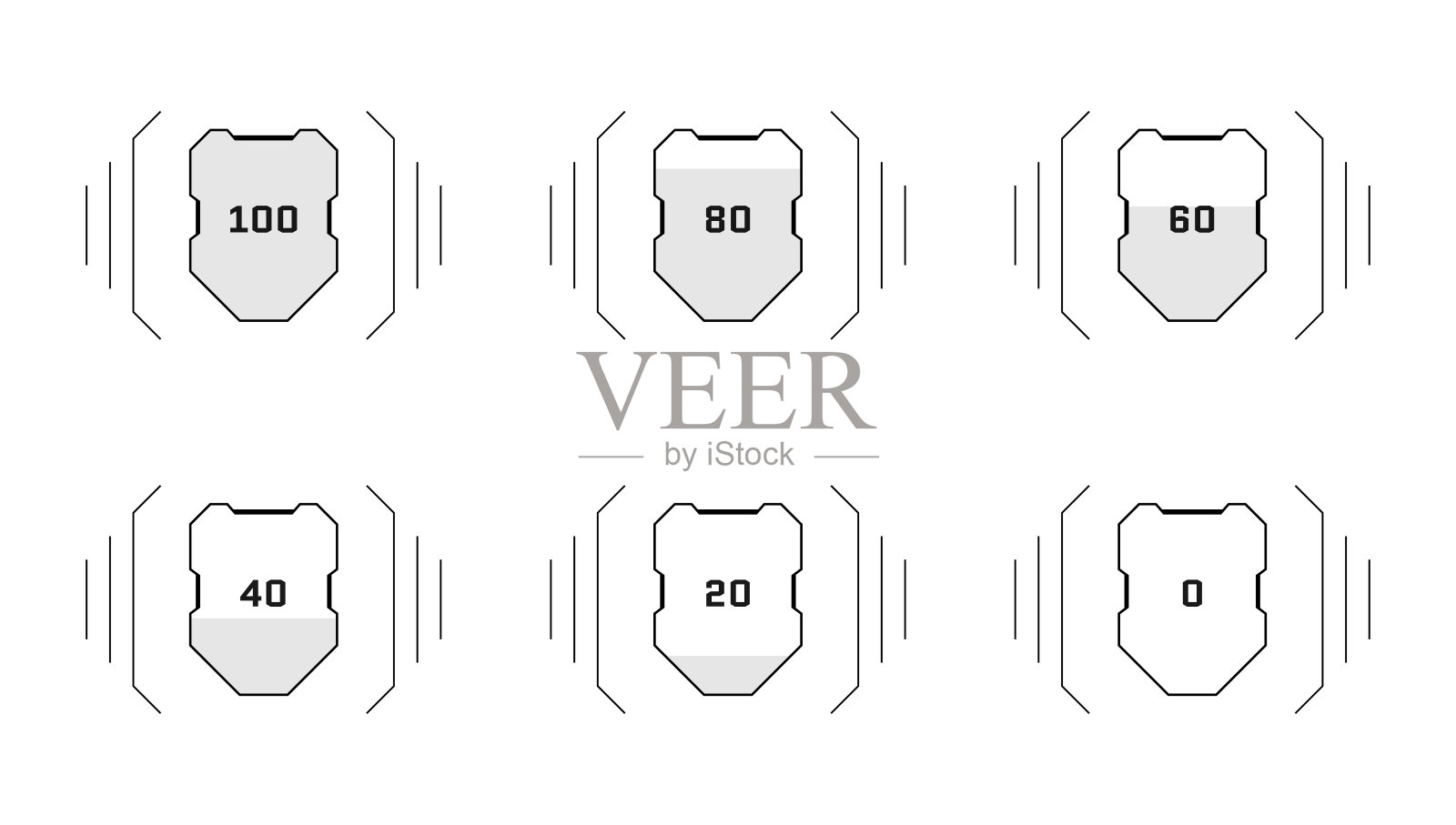 HUD数字未来风格视频游戏用户界面健康盾进度集。电子游戏玩家保护护甲等级标志和生命指示符号。能源信息图表设计元素。向量插画图片素材