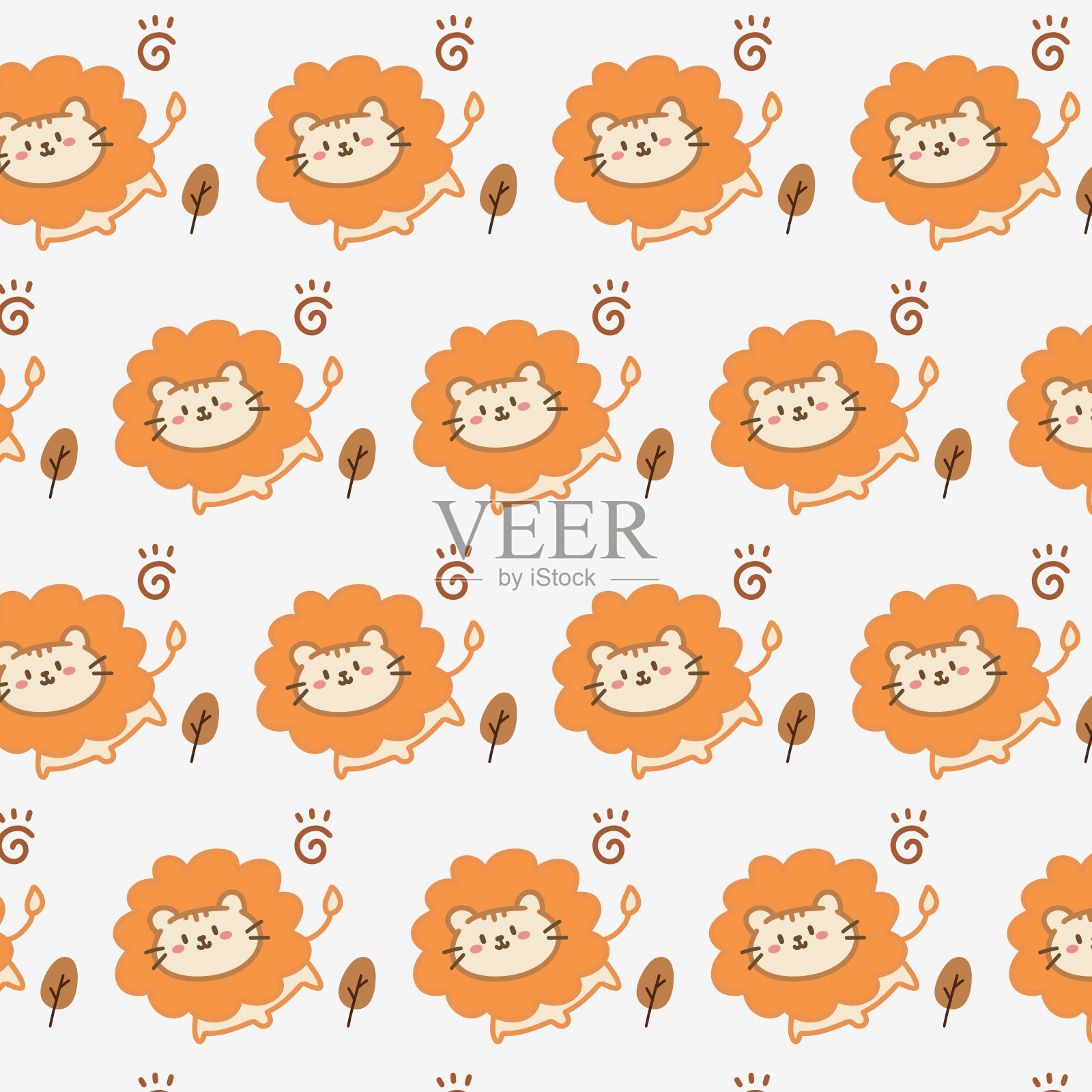 手绘插图和无缝图案与可爱的卡通狮子在白色背景。插画图片素材