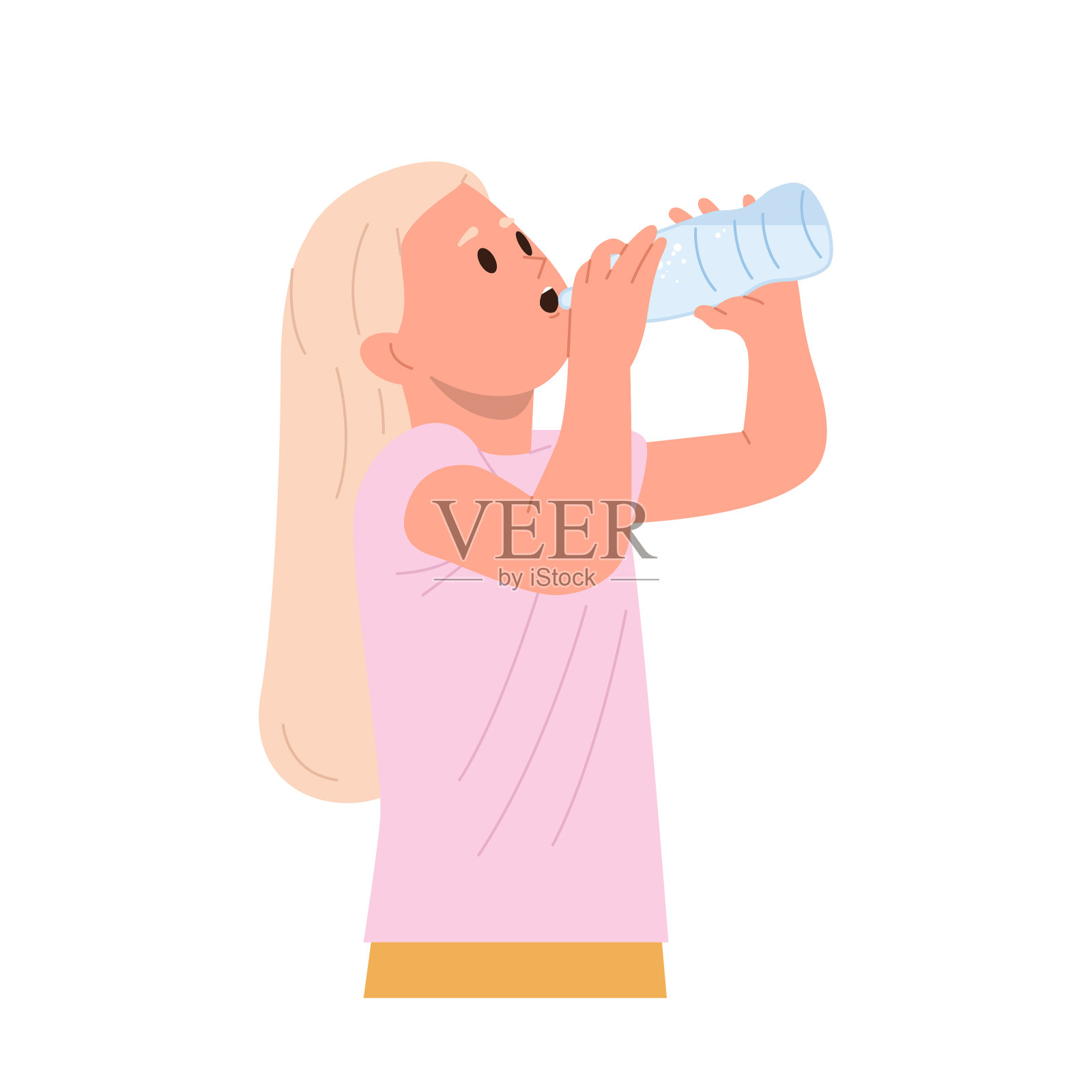 快乐的女孩儿童卡通人物解渴喝水从瓶上孤立的白色插画图片素材