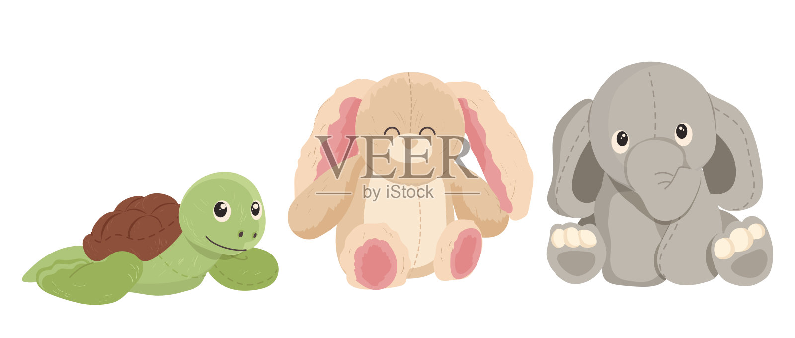 可爱的卡通乌龟,兔子,大象毛绒宝宝玩具集孤立的白色背景插画图片素材