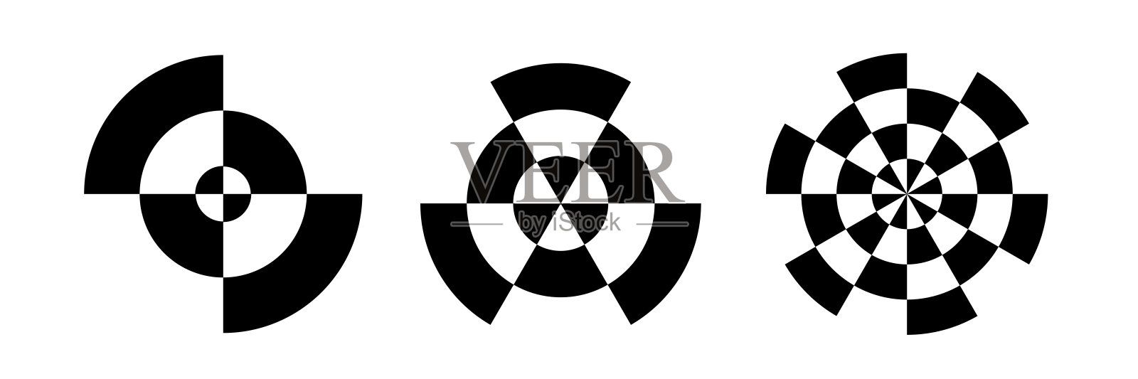 方格圆形图标集。圆形棋盘格几何图案。光学象棋圆形标志与辐射线和黑白方块。矢量插图在白色的背景插画图片素材