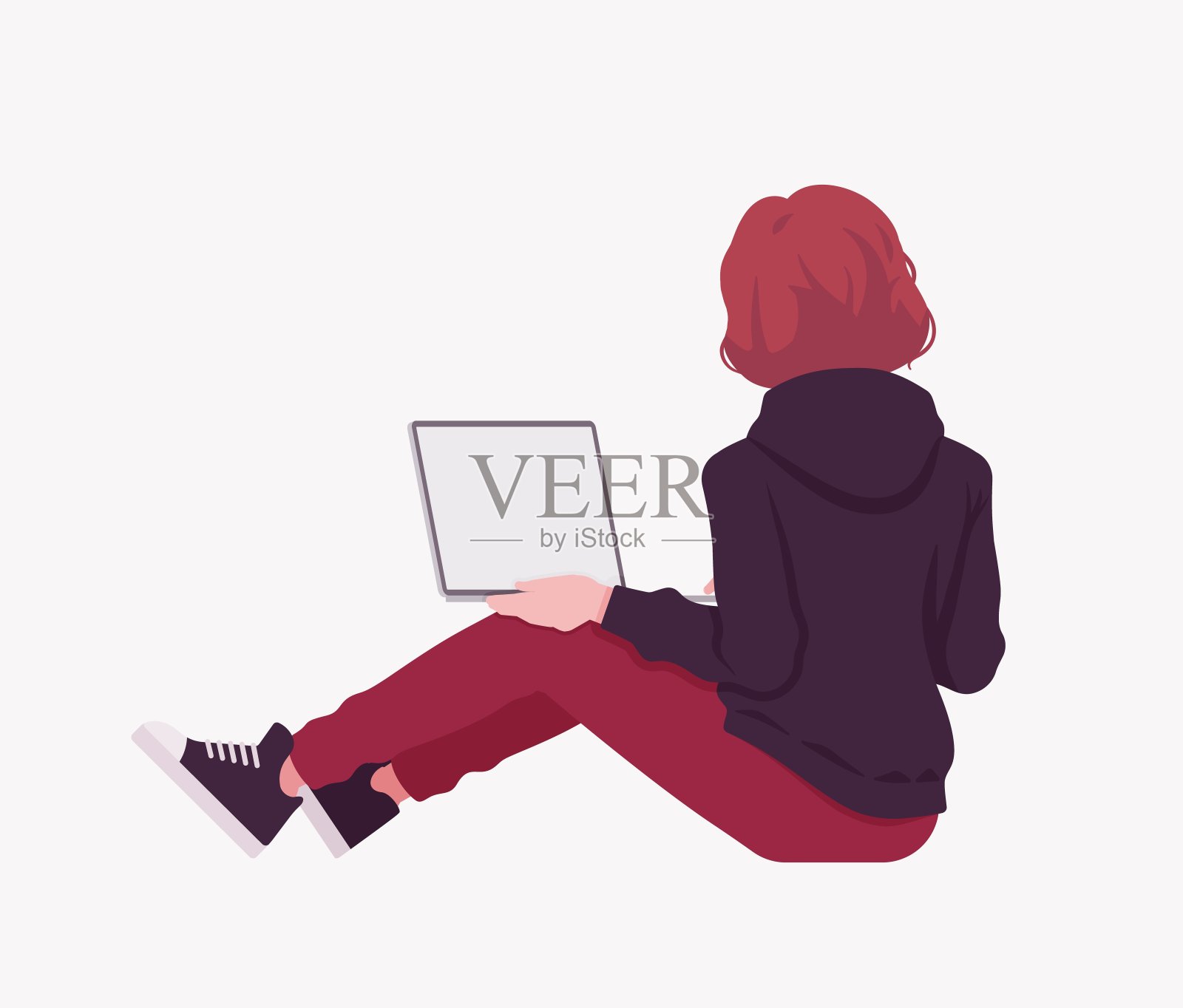 穿着卫衣的年轻人坐在地板上,手提电脑在后面工作插画图片素材