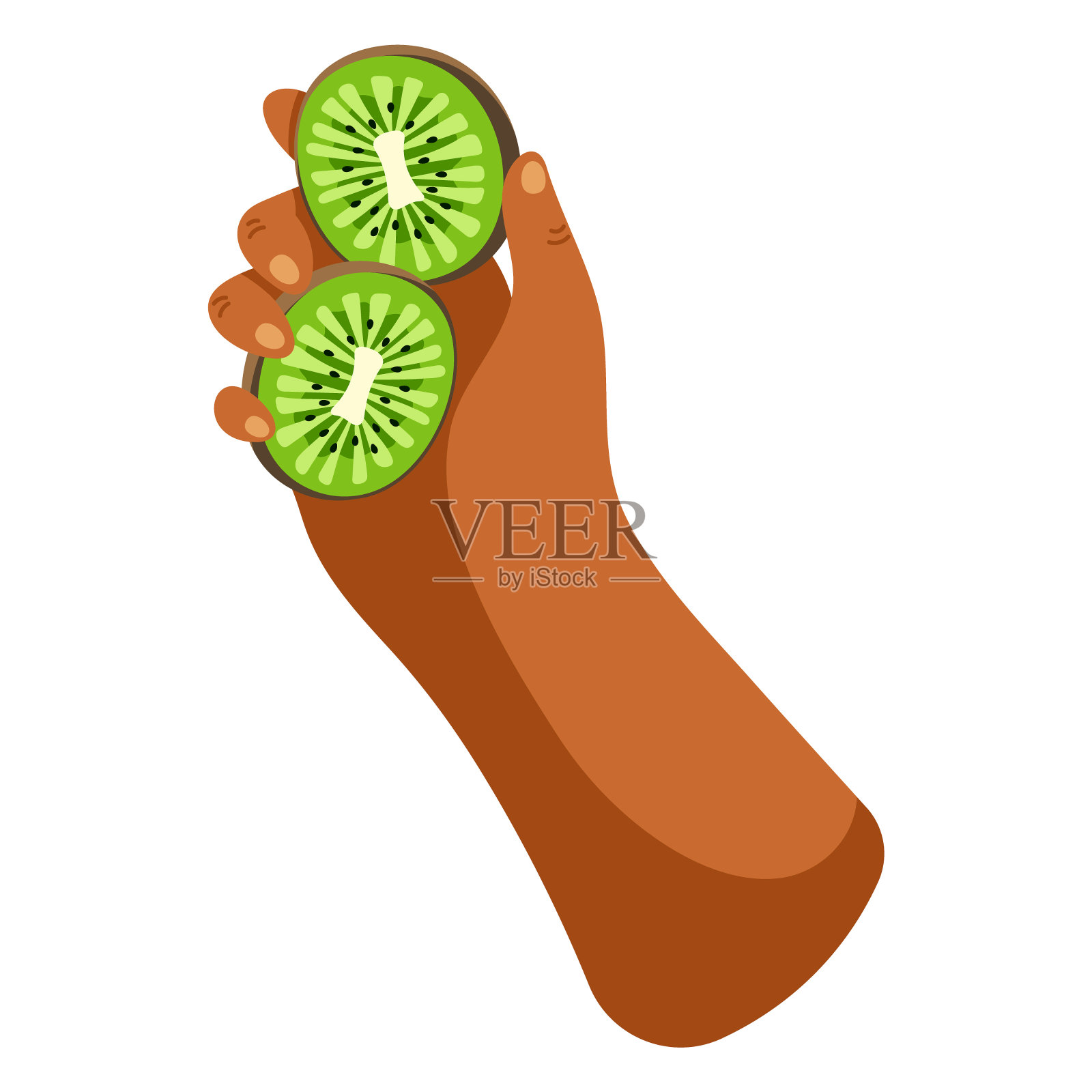 手里拿着猕猴桃。成熟多汁的水果插图。明亮的卡通矢量平面剪贴画插画图片素材