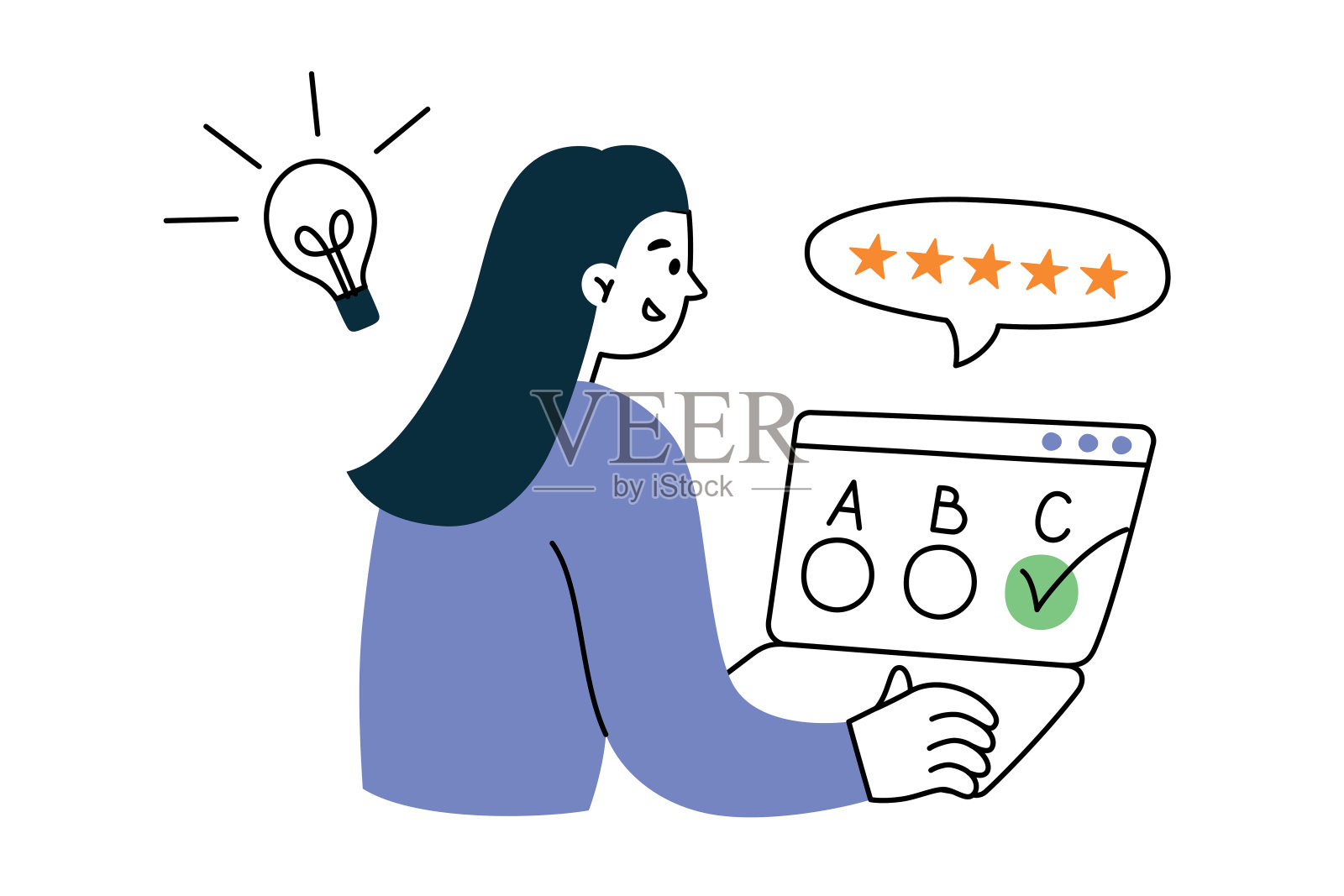 学生在笔记本电脑上通过考试,在线考试选择答案,平面文字作文,远程教育矢量图,投票插画图片素材