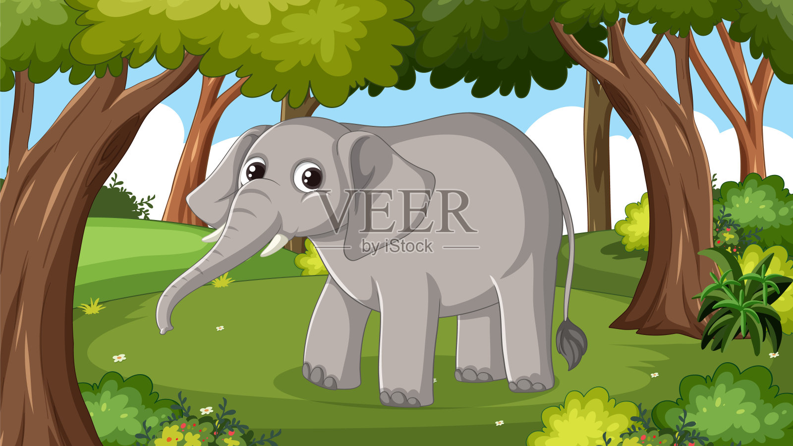 可爱的小象站在茂密的森林里插画图片素材