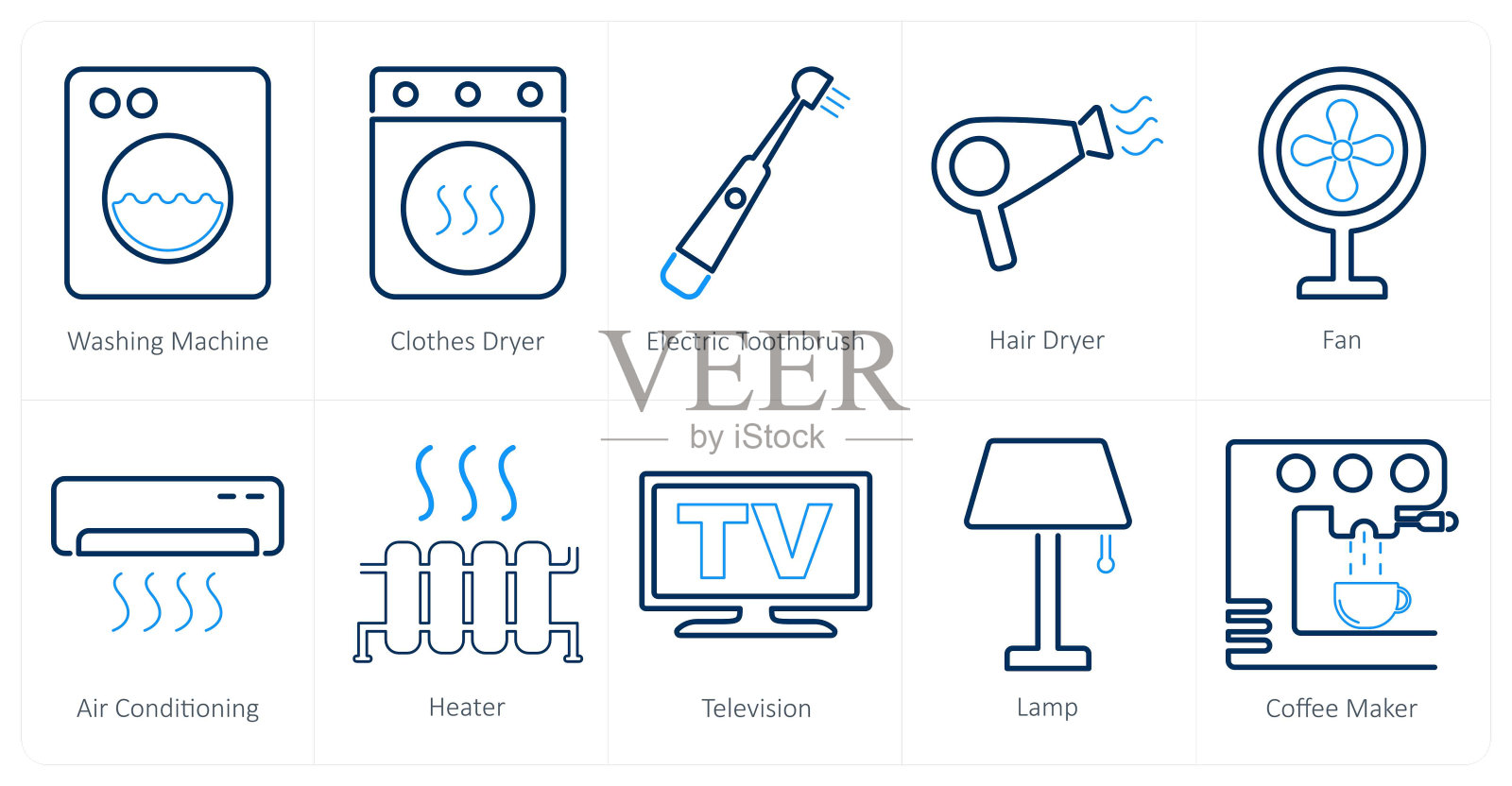 一套10个家电图标,如洗衣机、干衣机、电动牙膏插画图片素材