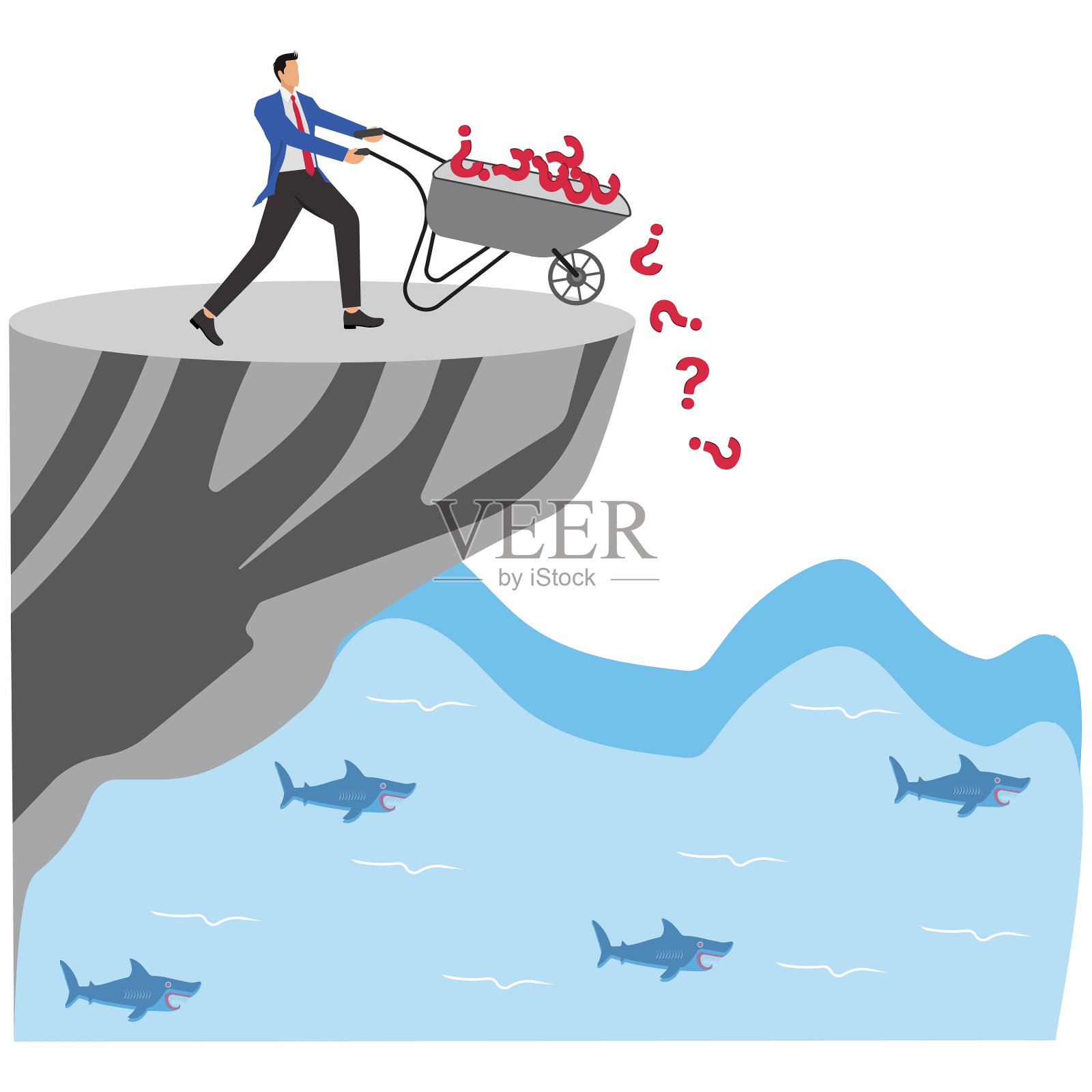 商人把满是问号的独轮车推入悬崖插画图片素材