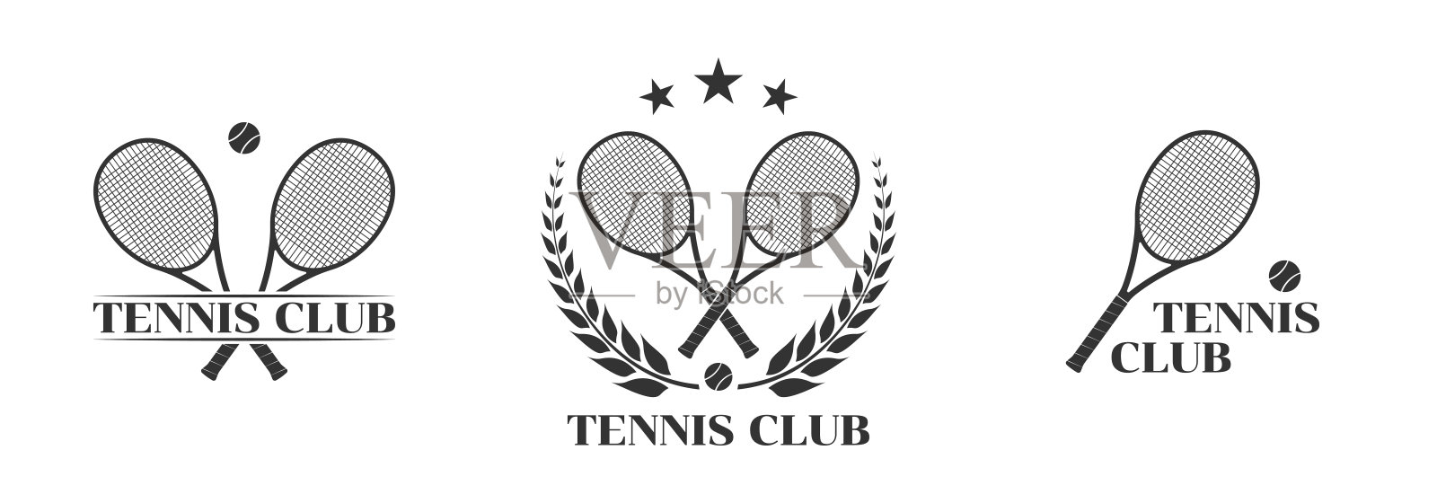 网球俱乐部的标志,图标或徽章设置交叉球拍和网球。运动标志设计。矢量插图。插画图片素材