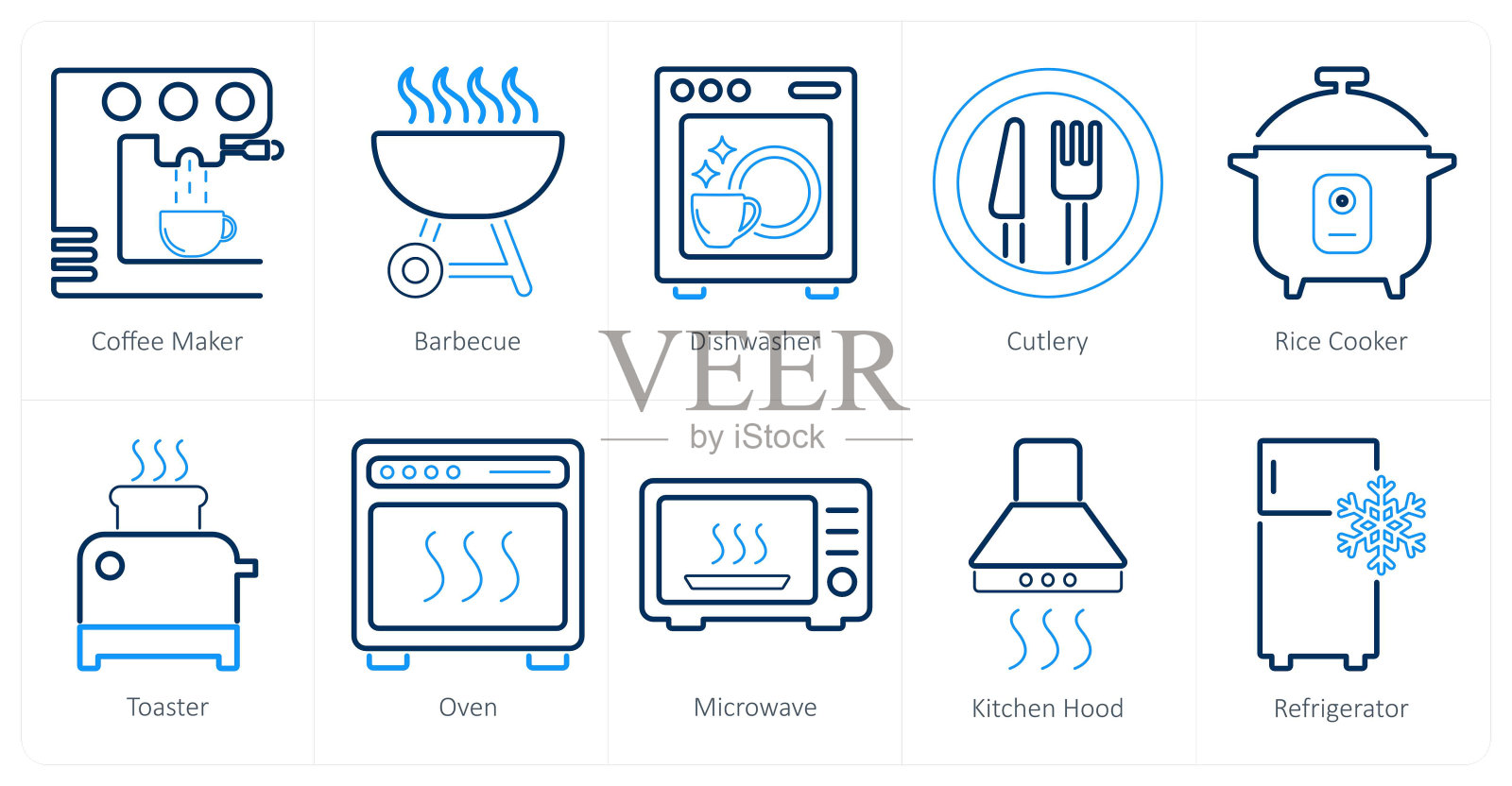 一套10个家用电器图标,如咖啡机,烧烤,洗碗机插画图片素材