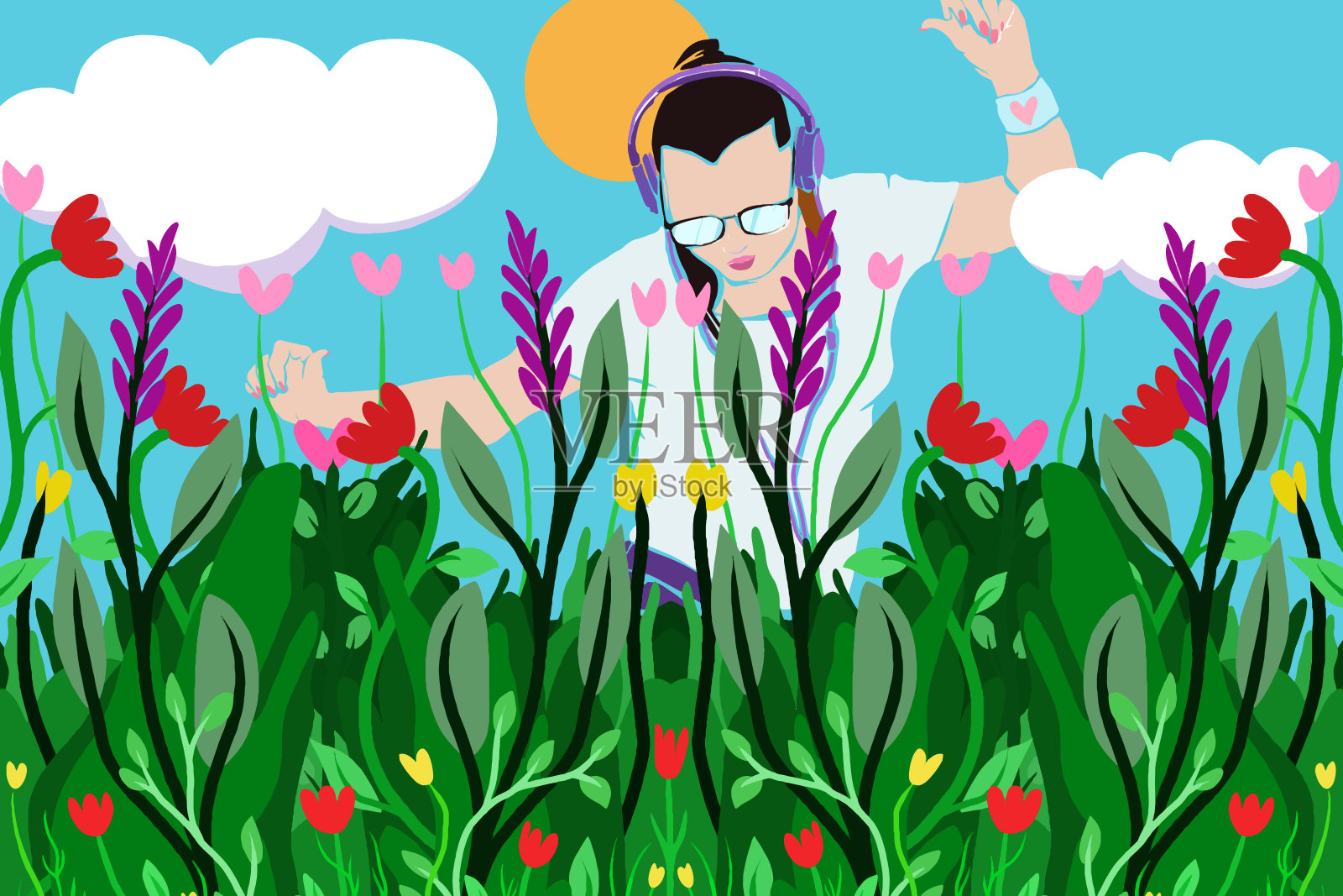 在鲜花盛开的草地上跳舞插画图片素材