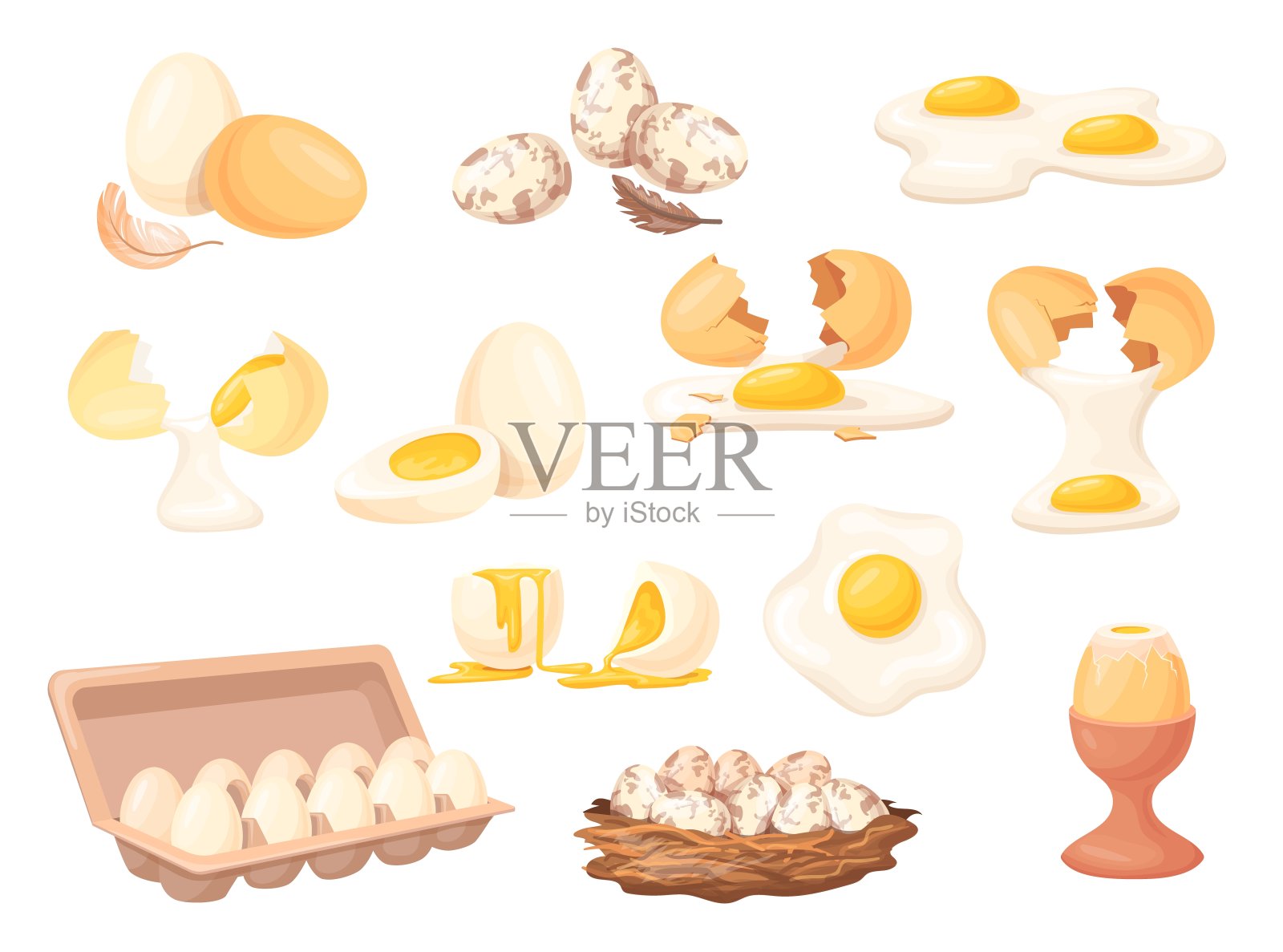 生煮鸡蛋。卡通鸡或鹌鹑蛋纸盒托盘包装,生态蛋白餐早餐半煎鲜蛋黄在棕色蛋壳,家禽天然食品整洁的矢量插图插画图片素材