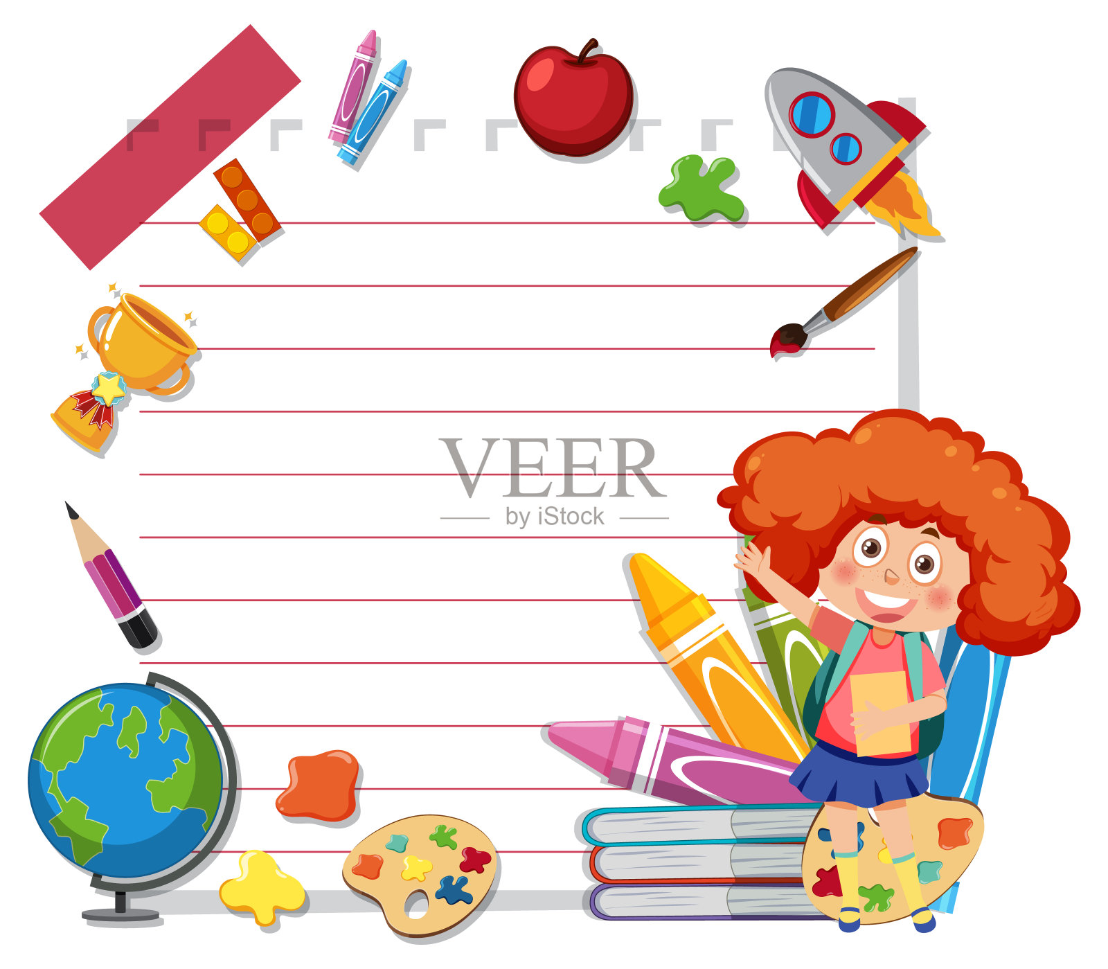 小女孩拿着学习用品和空白笔记本。插画图片素材