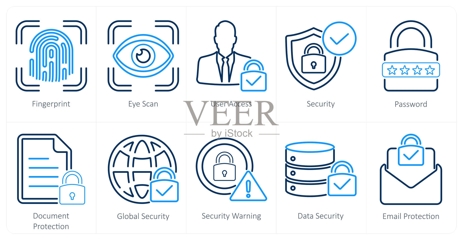 一套10个网络安全图标,如指纹,眼睛扫描,用户访问插画图片素材