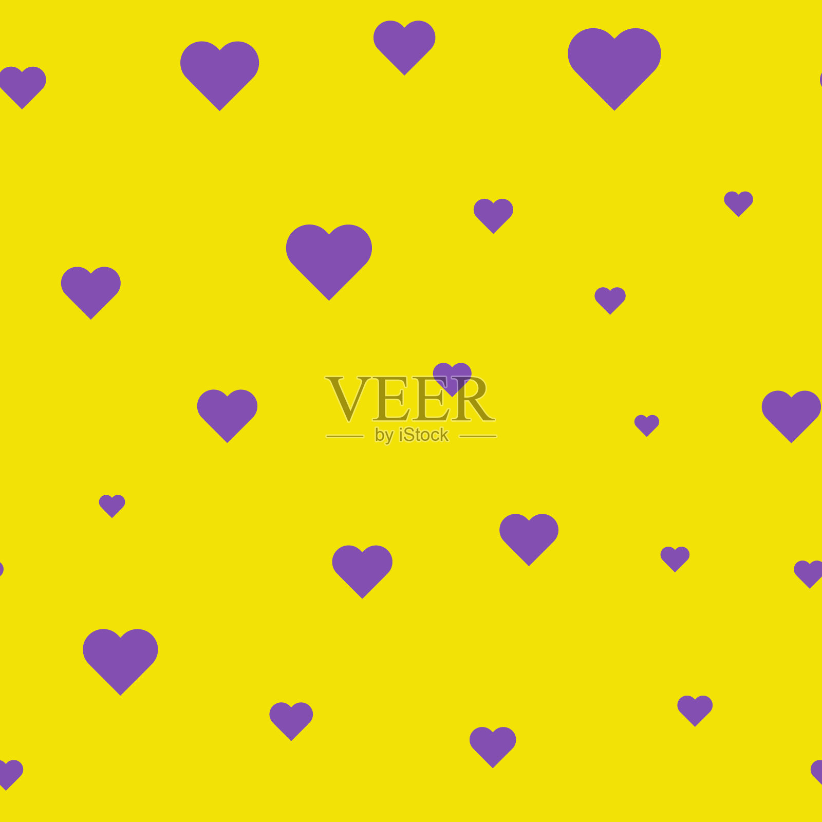 紫心孤立在黄色背景上。无缝模式。插画图片素材
