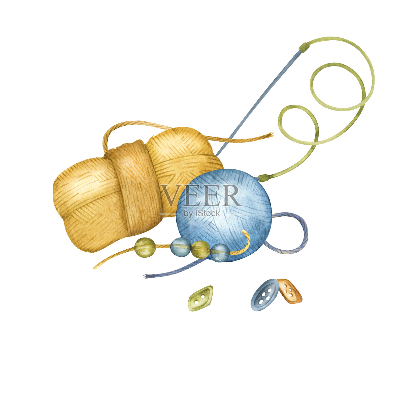 水彩插图,线绞,羊毛和纱线,针织针和纽扣,棉线。手绘工艺和业余爱好编织。插画图片素材