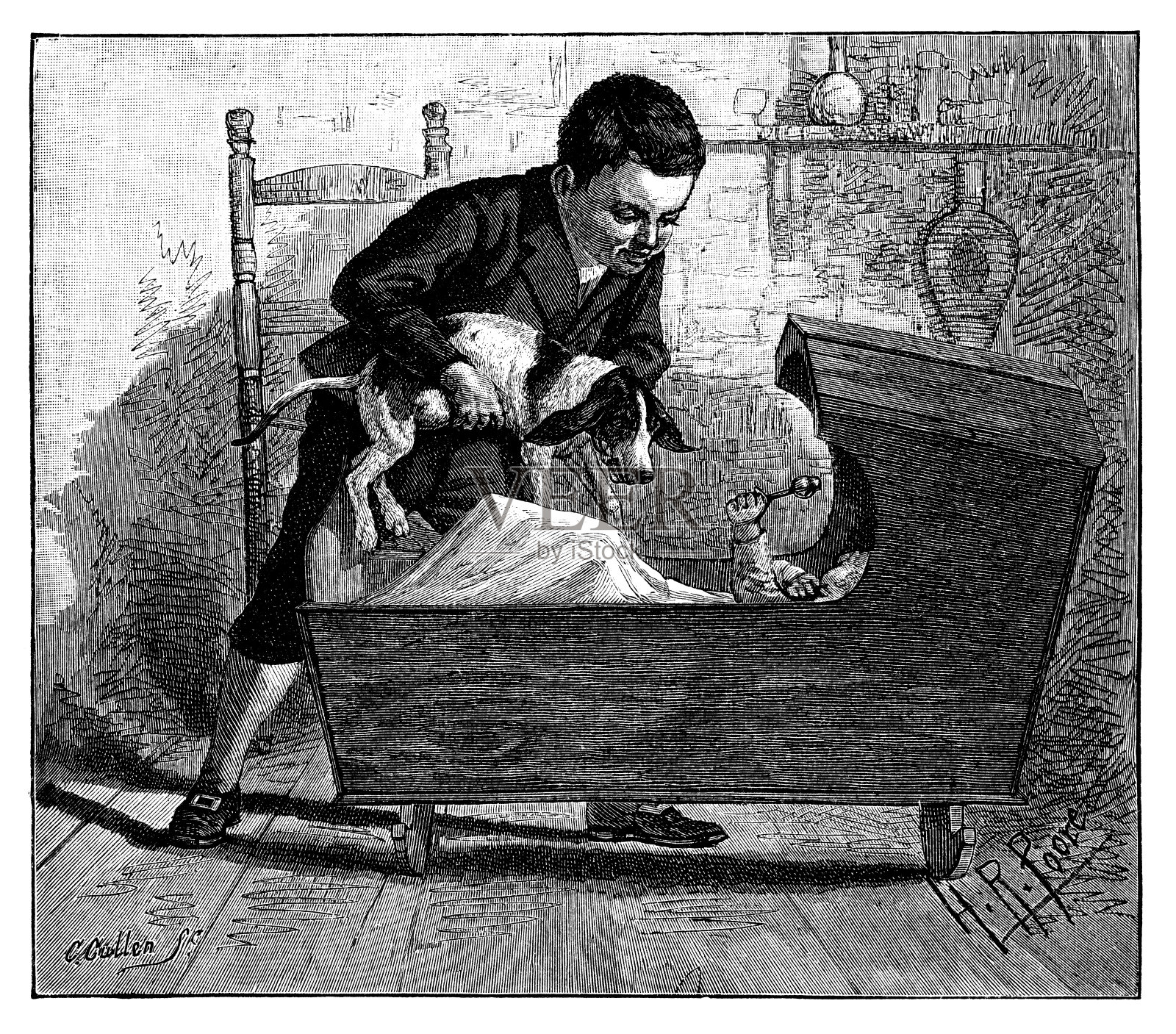 男孩给小妹妹看狗插画图片素材