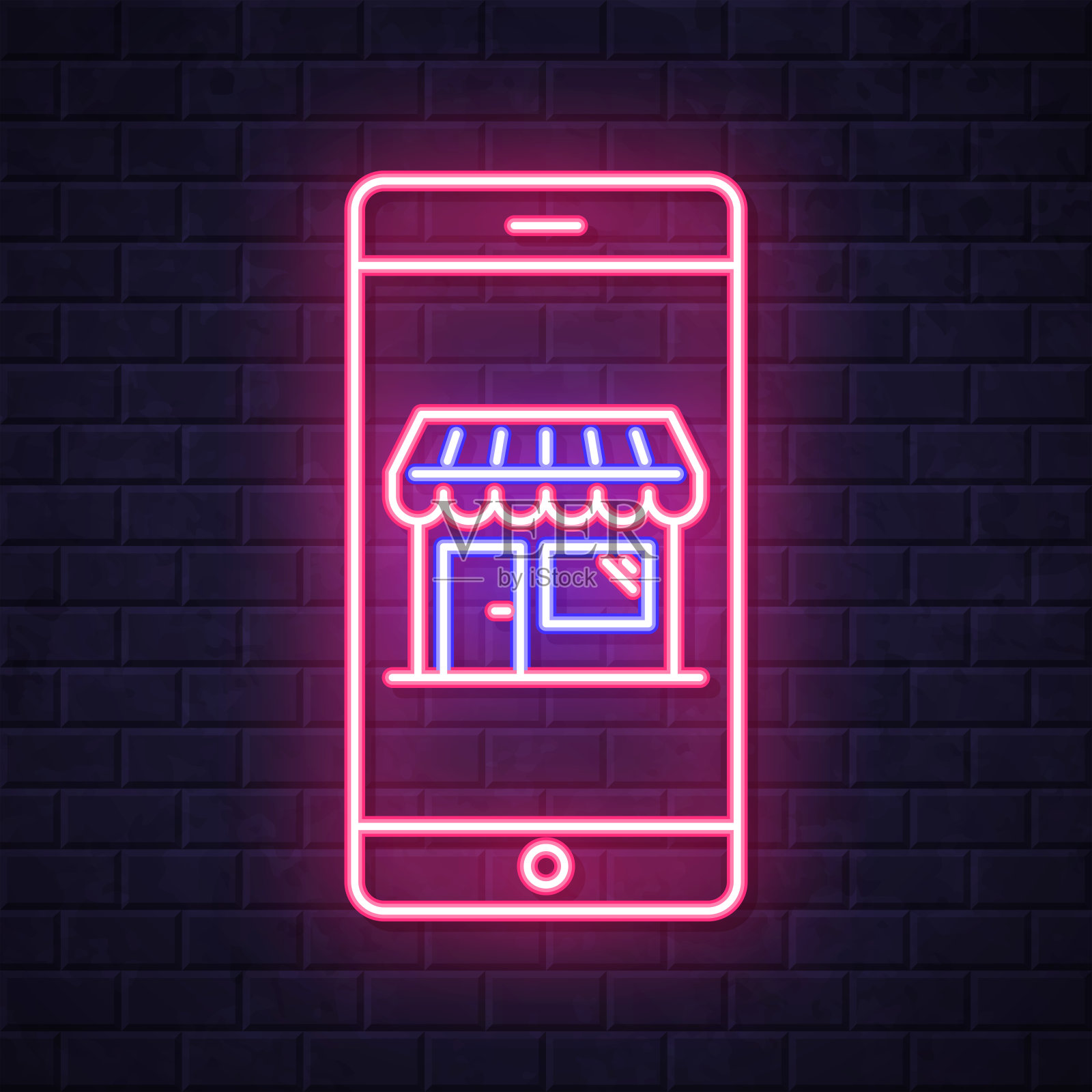 用智能手机网购。在砖墙背景上发光的霓虹灯图标插画图片素材