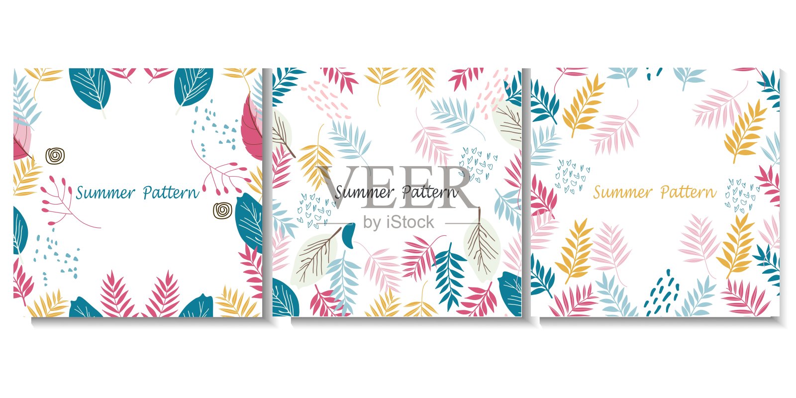 一组矢量无缝叶片图案模板。天然瓷砖设计用于纺织品,布料,包装纸,卷筒纸,印花,织物和壁纸。插画图片素材