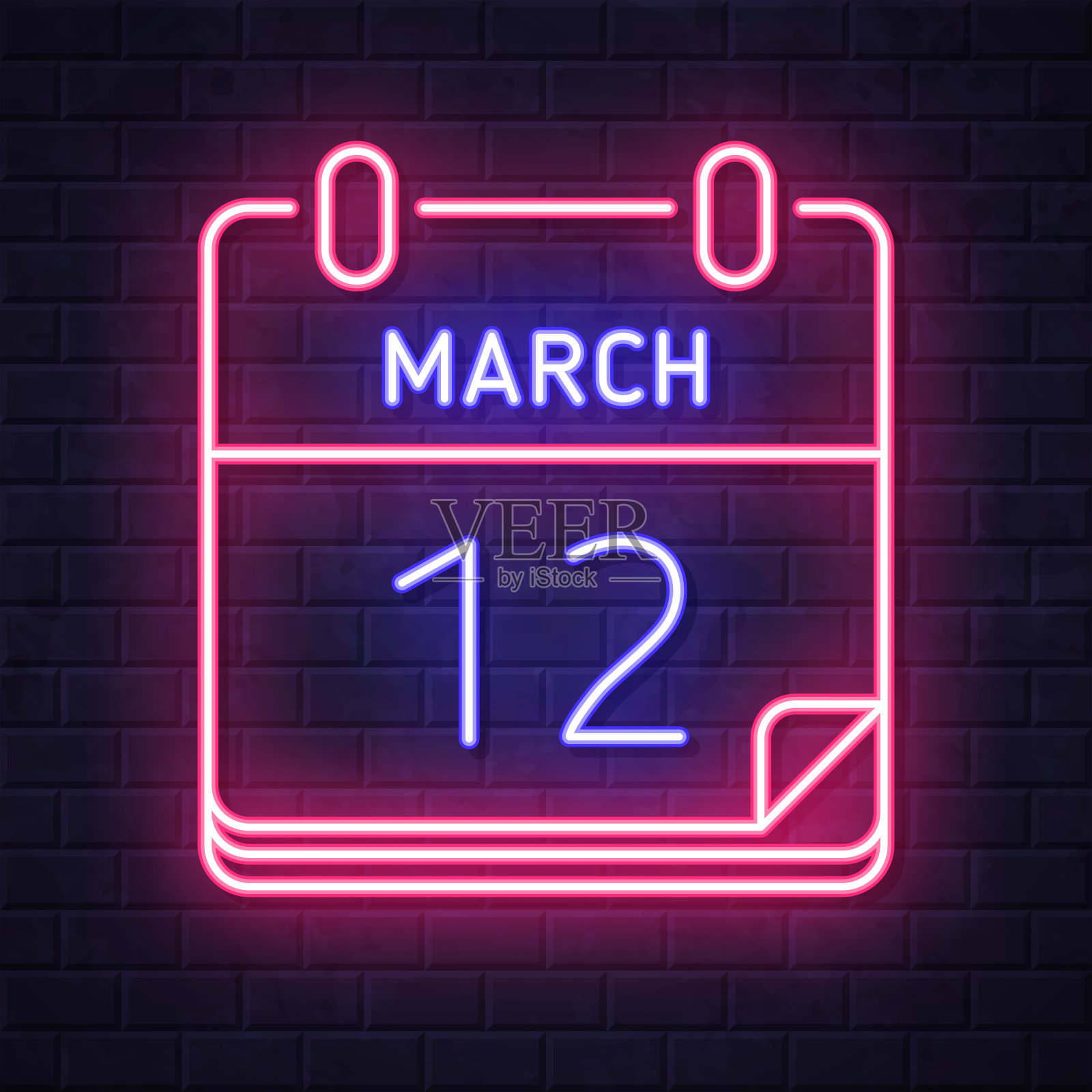 3月12日。在砖墙背景上发光的霓虹灯图标插画图片素材
