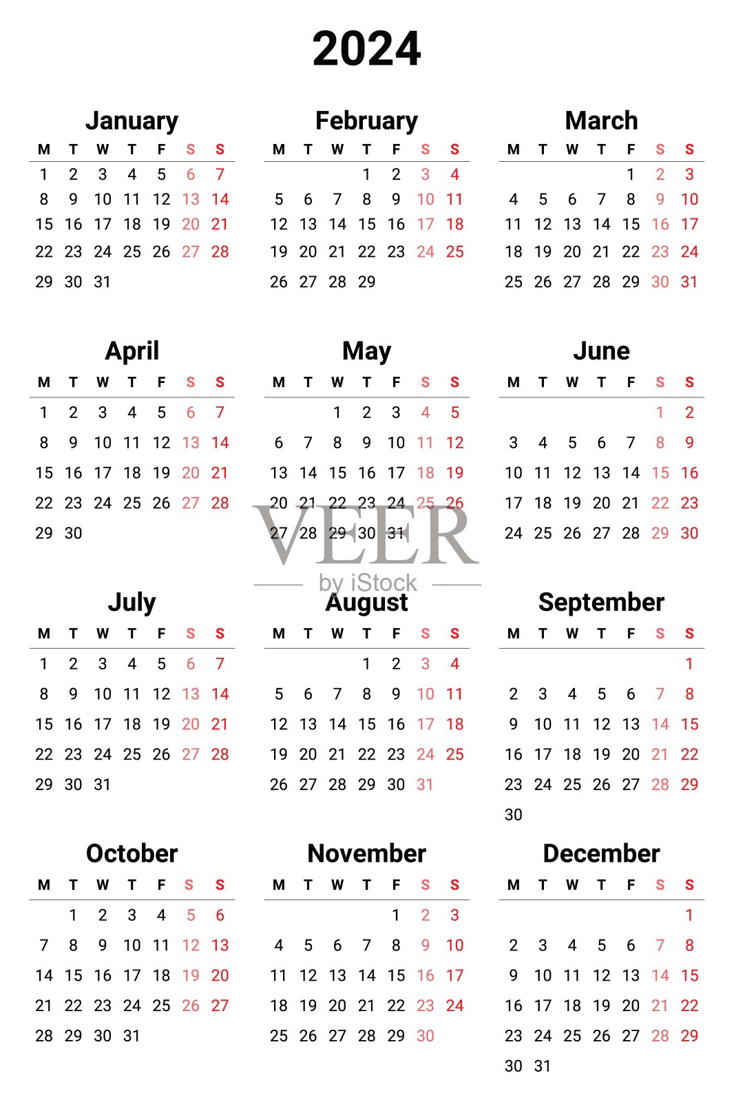 2024年英历,垂直。下周一开始。简单的矢量图插画图片素材