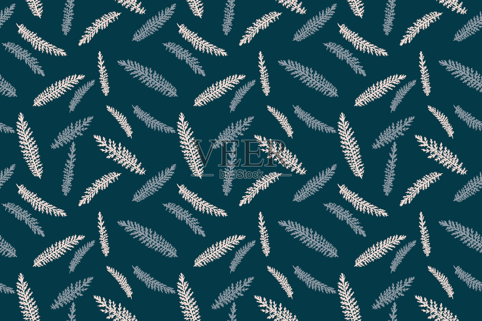 无缝图案与矢量手绘装饰极简主义的枝叶。在深绿色的背景上轻轻地抽象化树枝。插画图片素材