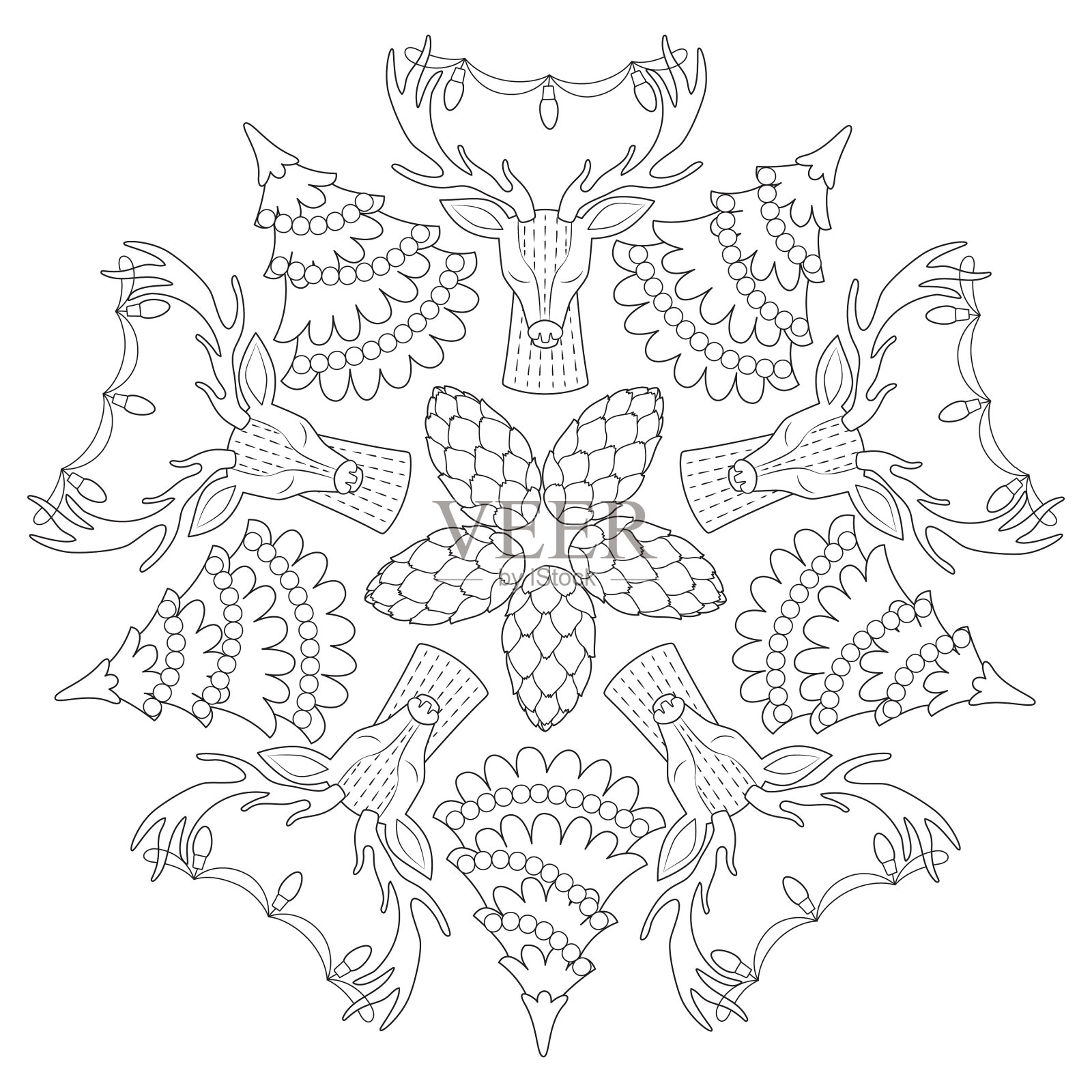 圣诞曼陀罗的鹿,圣诞树,松果,花环。插画图片素材