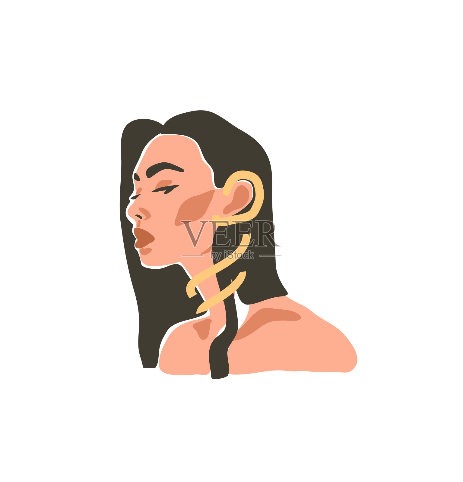 手绘矢量抽象股票平面图形当代线条艺术,审美时尚插图与波西米亚,美丽的现代女性肖像在简单的潮流风格孤立在粉彩背景。插画图片素材