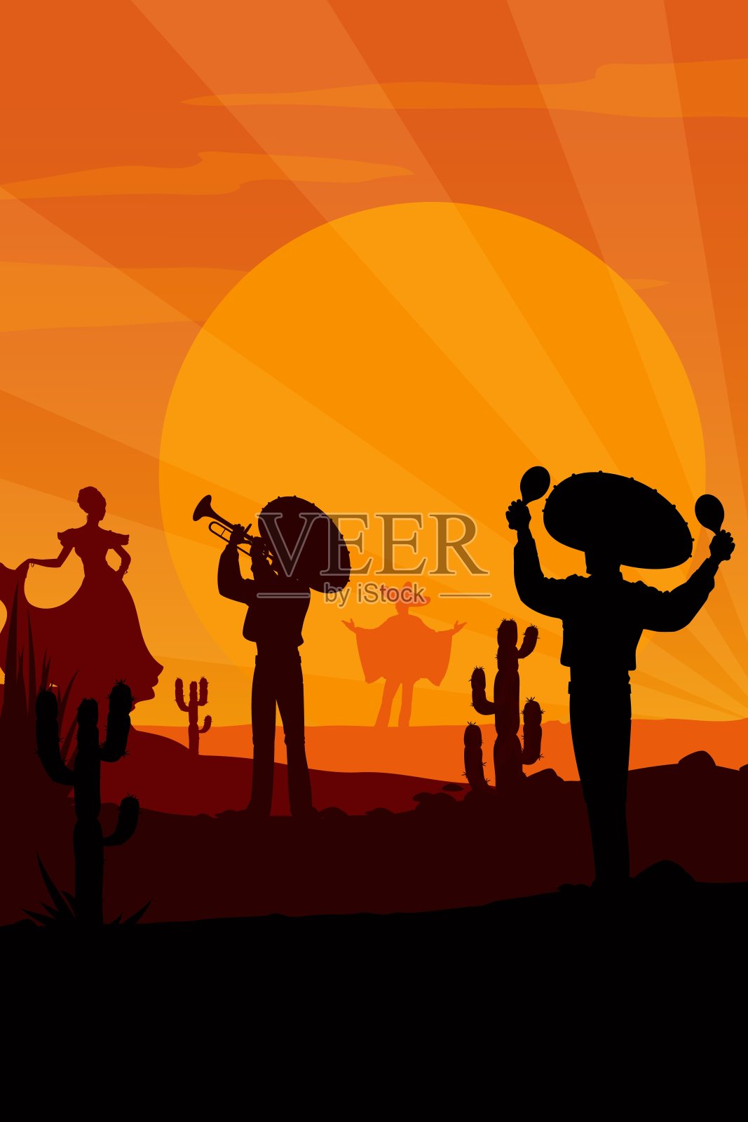 墨西哥流浪乐队和跳舞的女人在日落时的剪影插画图片素材