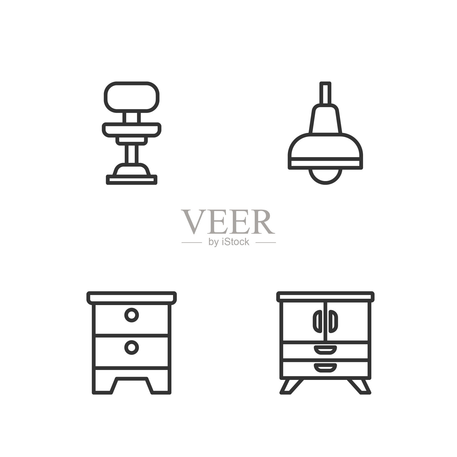 设置线抽屉柜,家具床头柜,办公椅和灯挂图标。向量插画图片素材