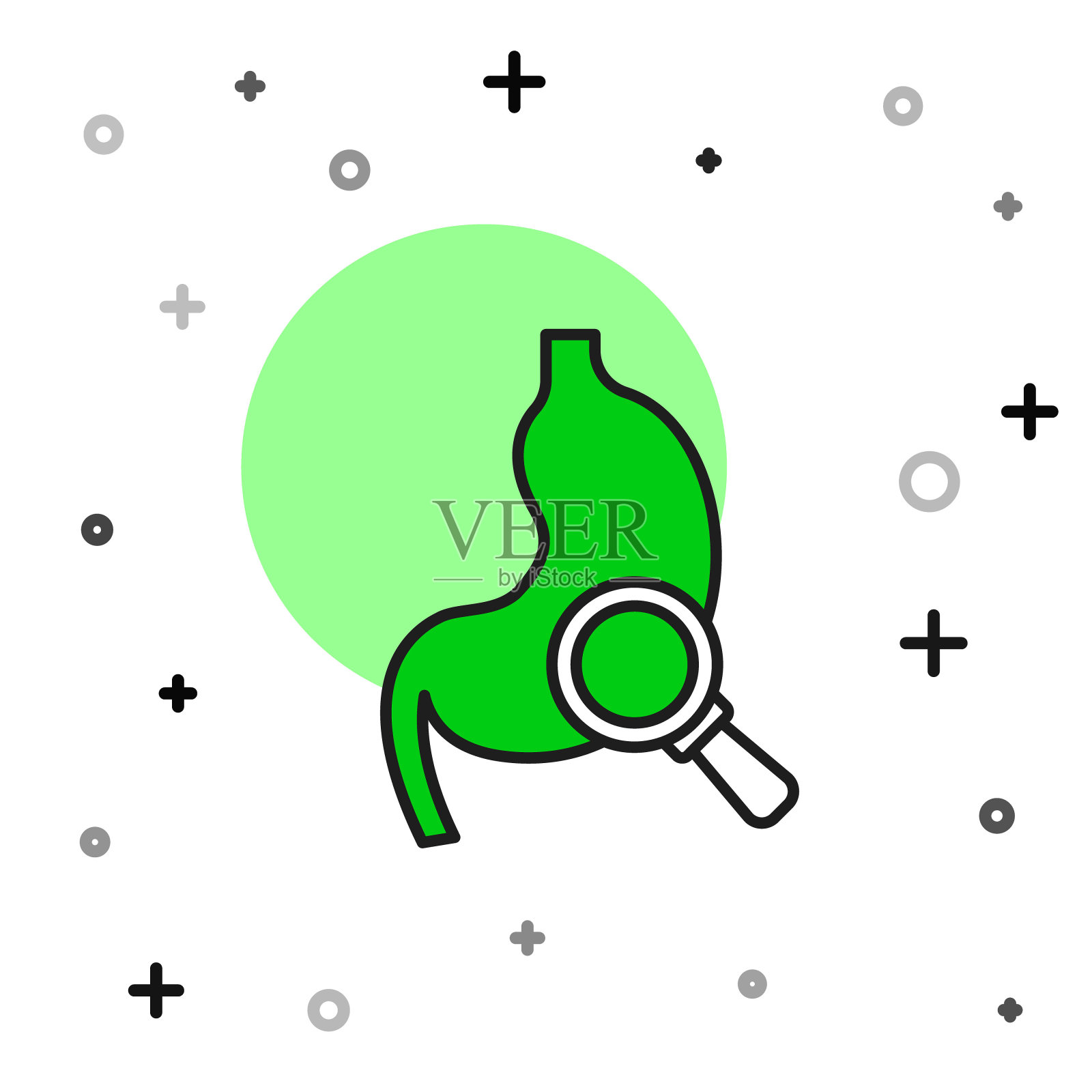 填充轮廓人类胃与放大镜图标隔离在白色背景。向量插画图片素材