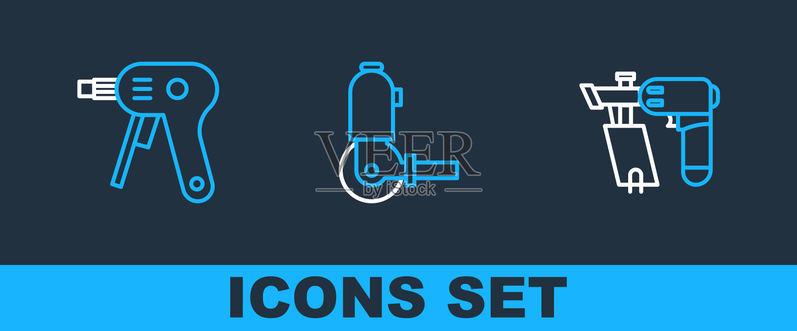 设置线钉枪,电动热熔胶和角磨机图标。向量插画图片素材