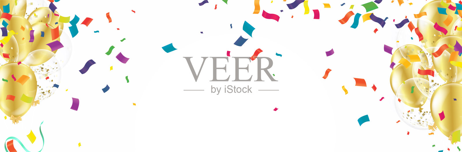 用彩色气球和五彩纸屑绘制的横向生日贺卡、标志或横幅插画图片素材