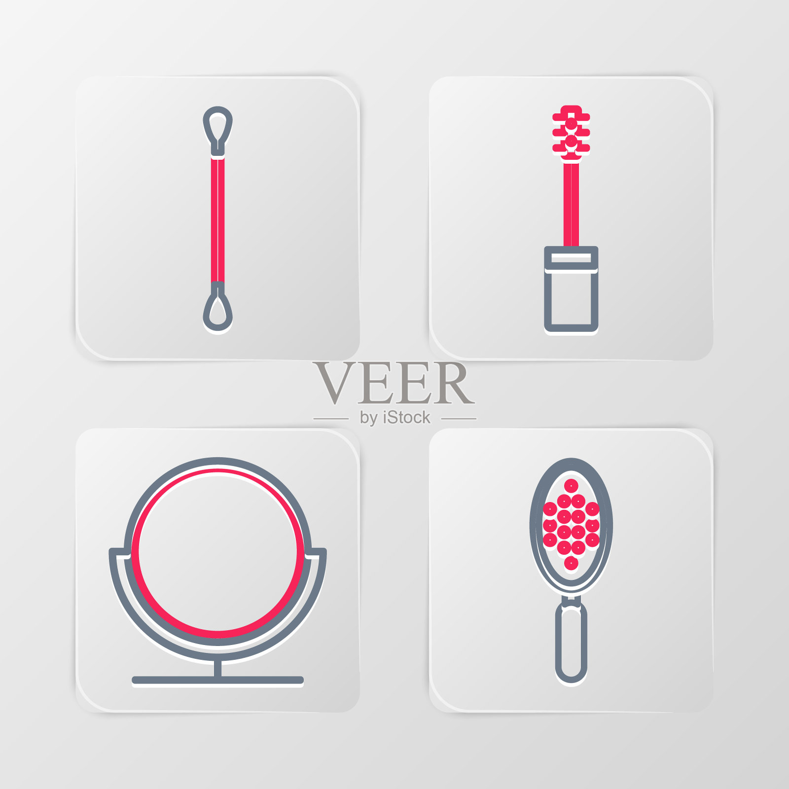 固定线发刷,圆化妆镜,睫毛膏和棉签耳朵图标。向量插画图片素材