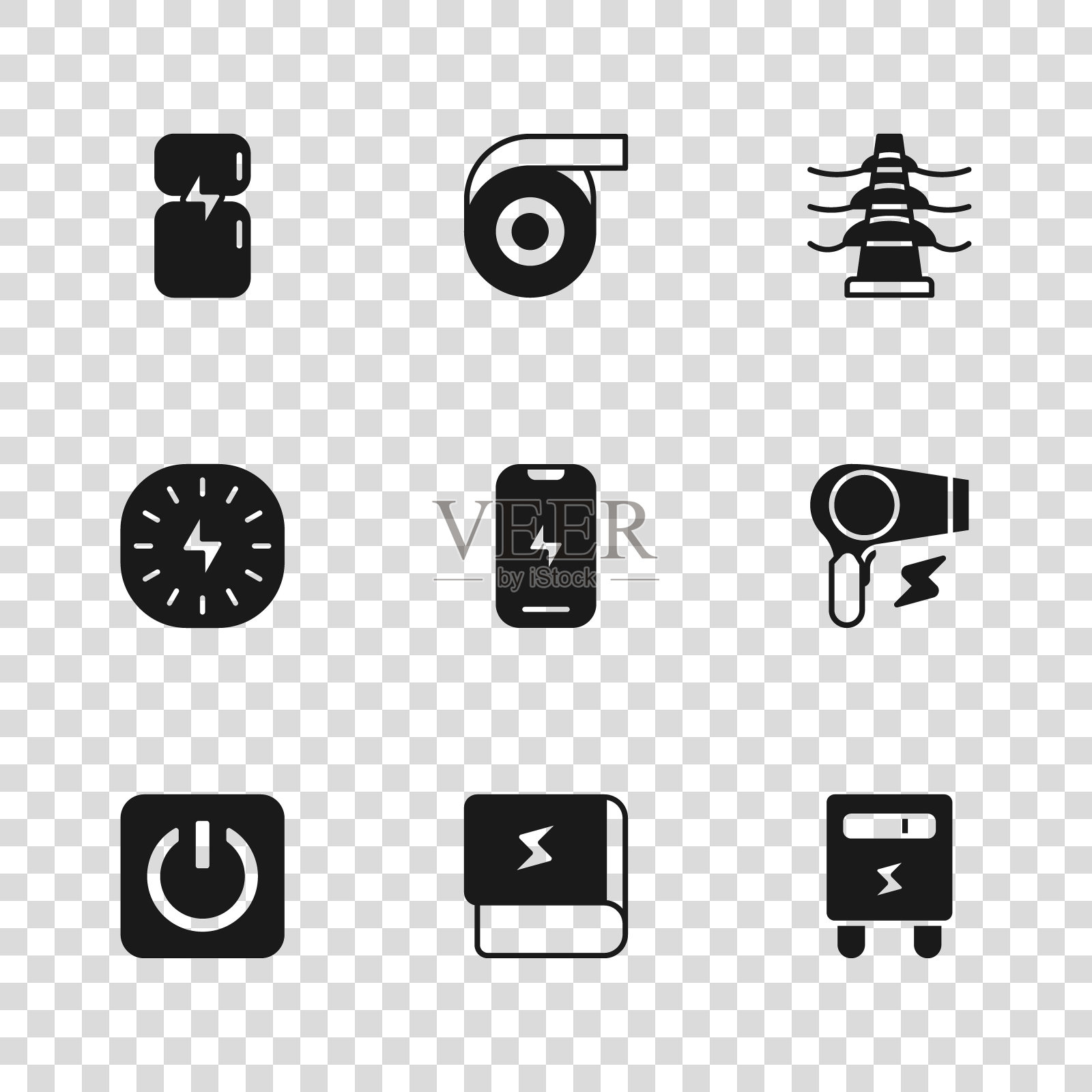 集书关于电力,吹风机,电表,手机,塔线,冰箱,卷胶带和闪电图标。向量插画图片素材