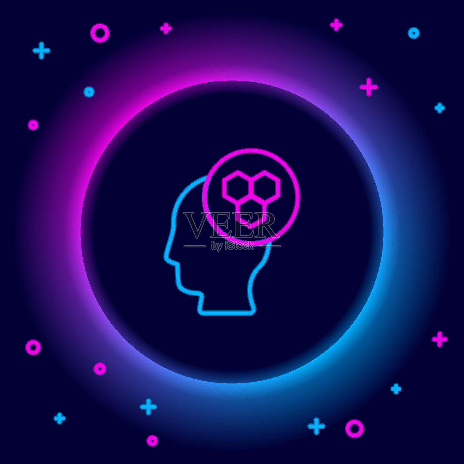 发光的霓虹灯线养蜂人图标孤立的黑色背景。特殊防护制服。色彩缤纷的轮廓概念。向量插画图片素材