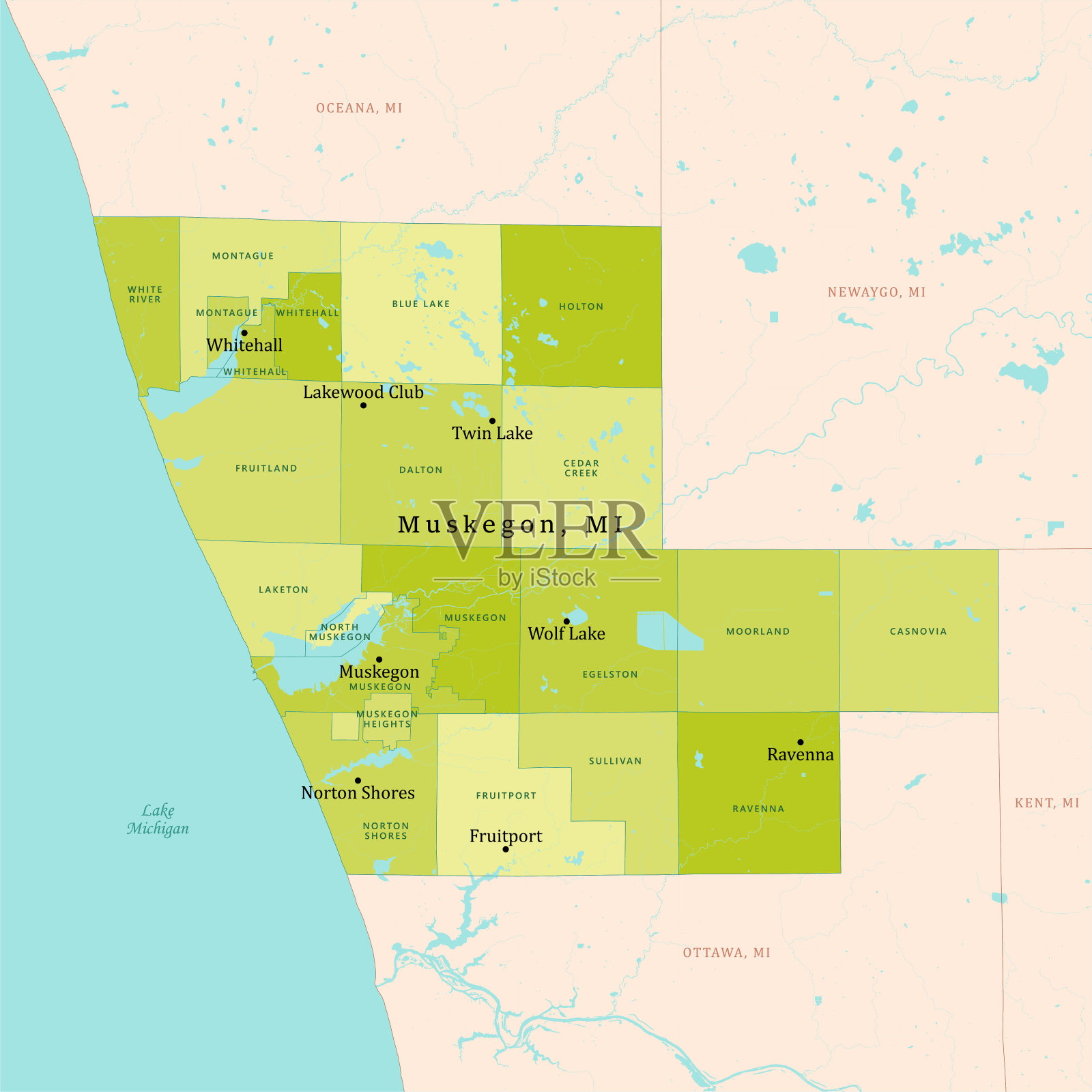 MI马斯基根县矢量地图绿色插画图片素材