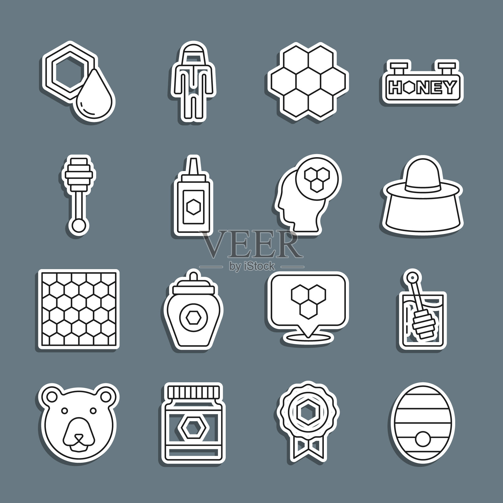设线蜂巢为蜜蜂,蜂蜜勺棒,养蜂人与保护帽,蜂窝,蜂蜜罐,和图标。向量插画图片素材