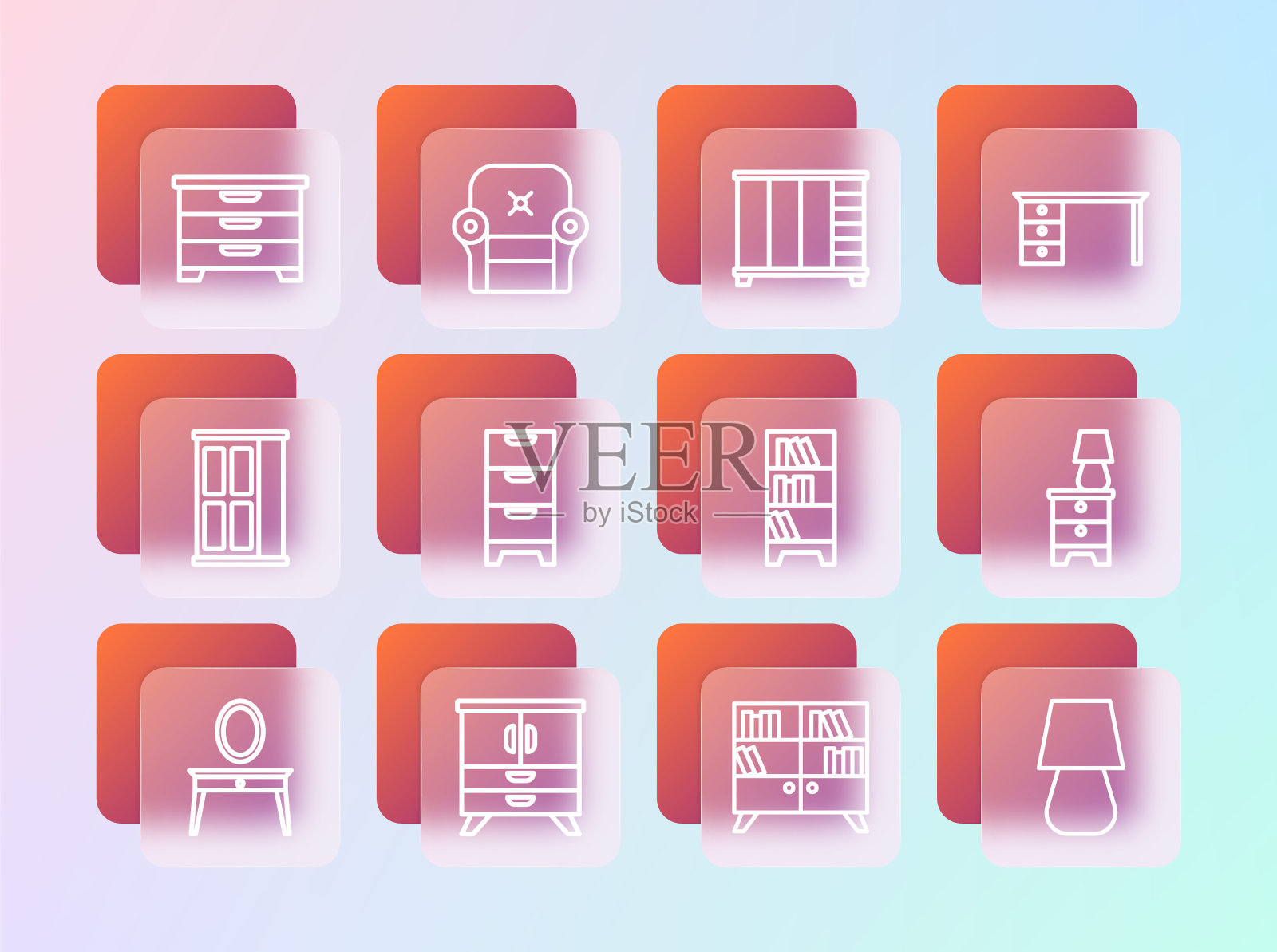 办公室办公桌,抽屉柜,图书馆书架,衣柜,扶手椅图标。向量插画图片素材