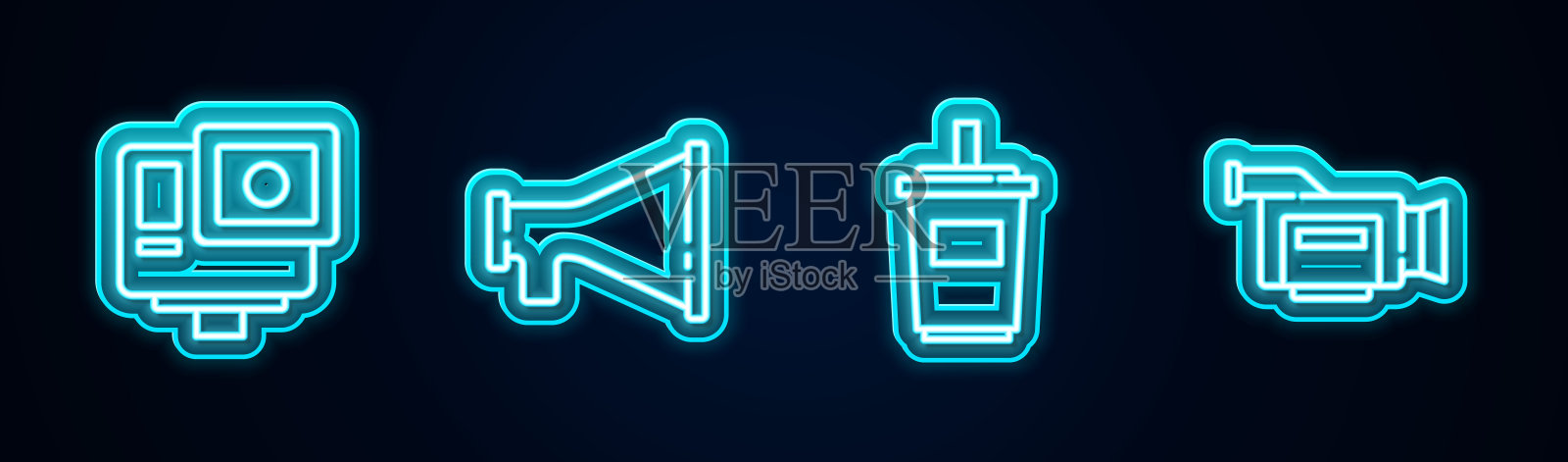 产品系列:动作极限相机,扩音器,带水的纸玻璃和电影。发光的霓虹灯图标。向量插画图片素材