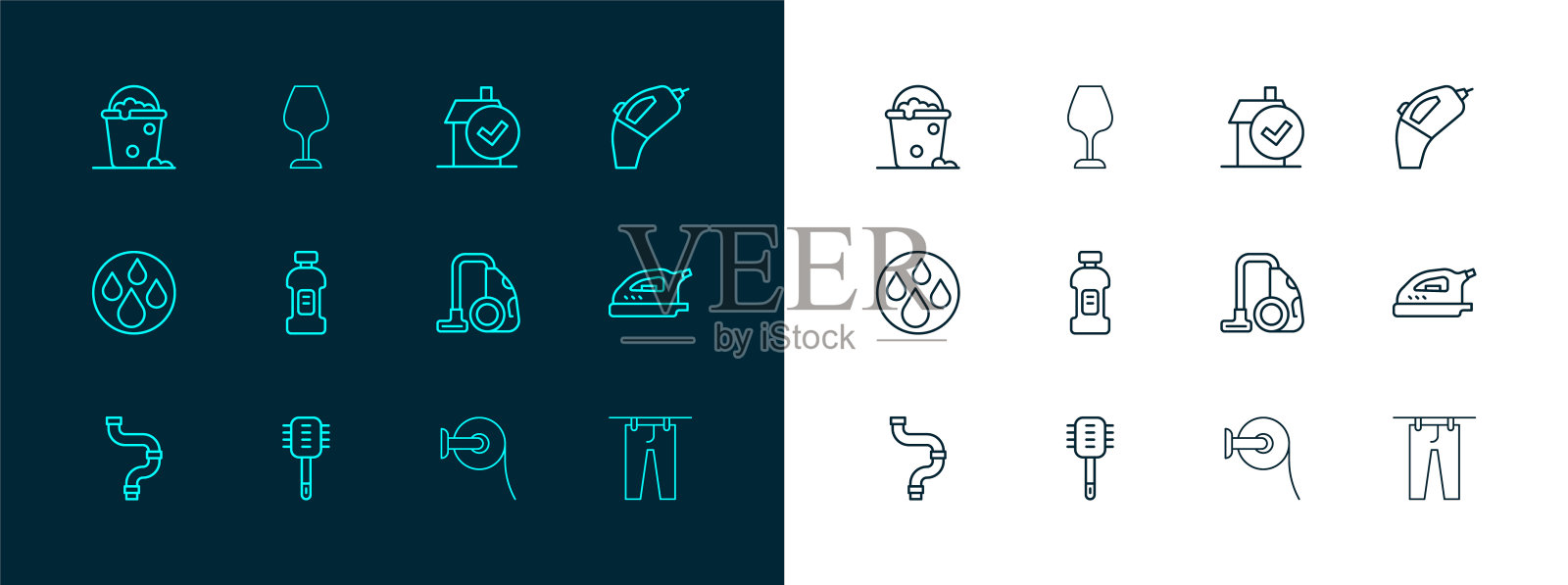 集线便携式吸尘器,马桶刷,真空,纸卷,瓶子洗涤剂,家庭清洁服务,桶与泡沫和气泡和葡萄酒玻璃图标。向量插画图片素材