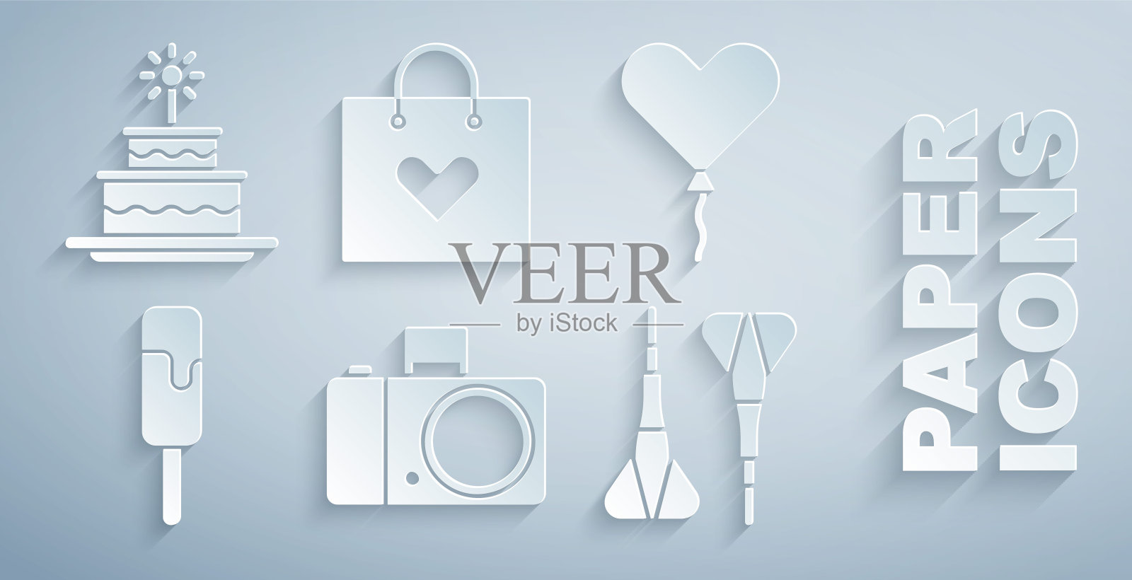 集相机,气球在心脏的形式,冰淇淋,飞镖箭,购物袋与蛋糕燃烧蜡烛图标。向量插画图片素材