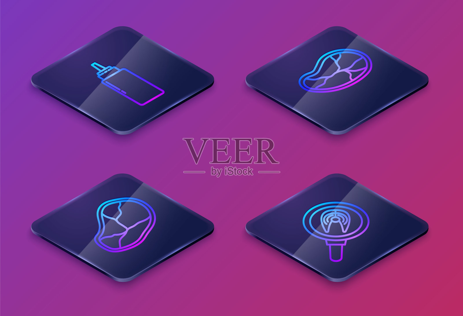 设定等距线酱汁瓶,牛排肉,牛排肉和鱼排煎锅。蓝色方形按钮。向量插画图片素材